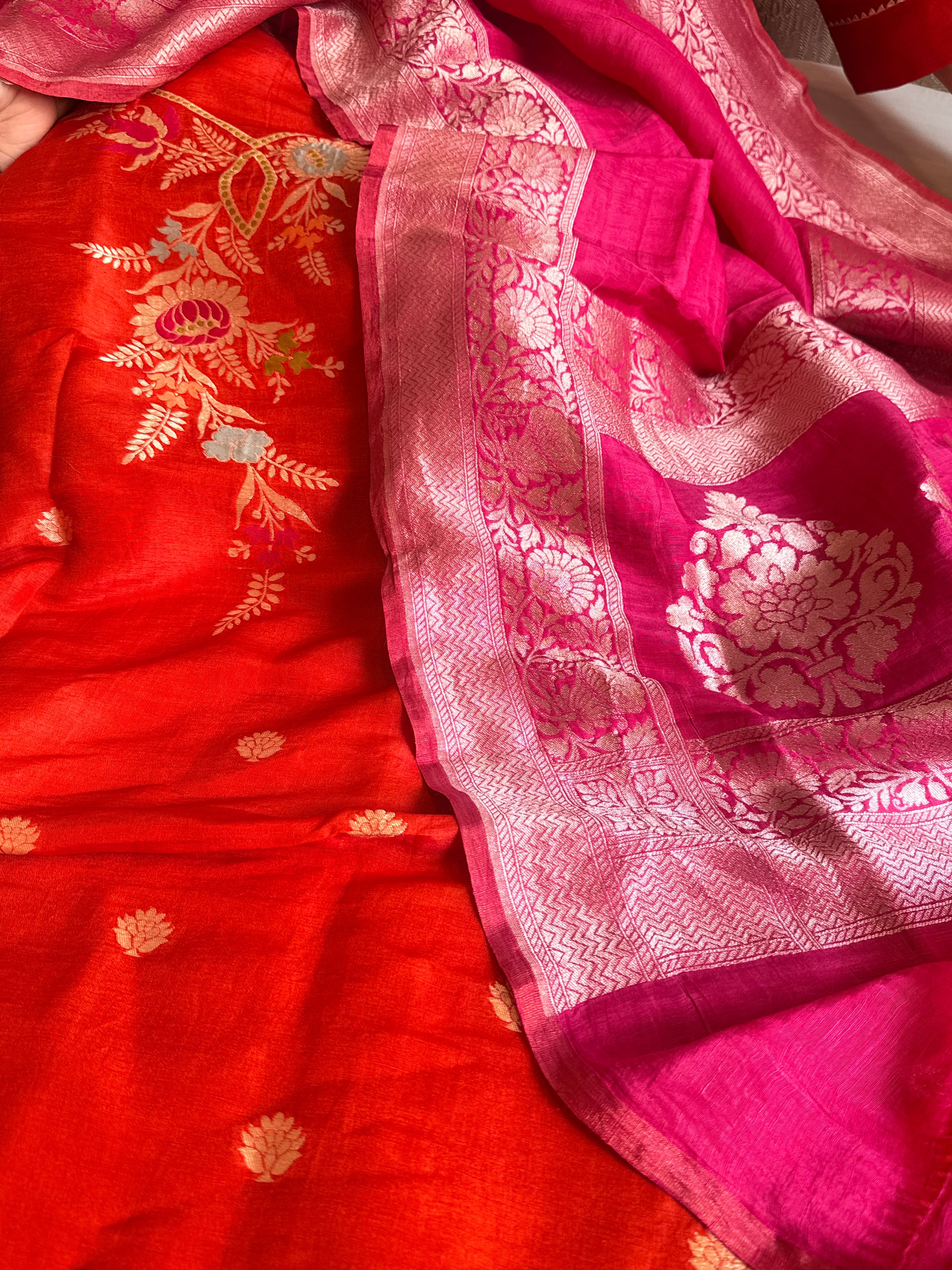Banarasi linen gorgette neckwork weaving meenakari suit set