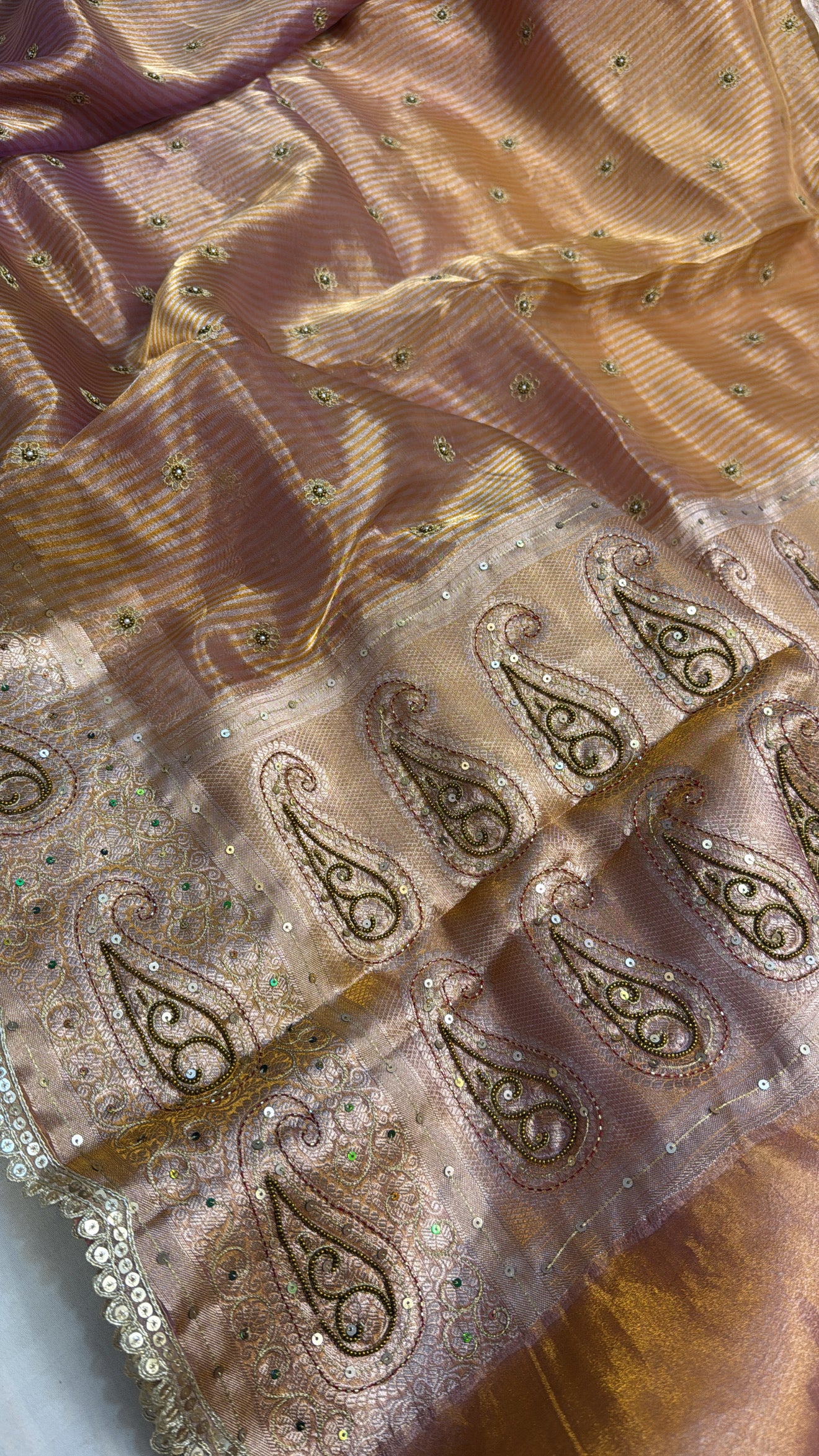 Blush peach-pink ombre shaded tissue silk hand embroidered kadhwa saree