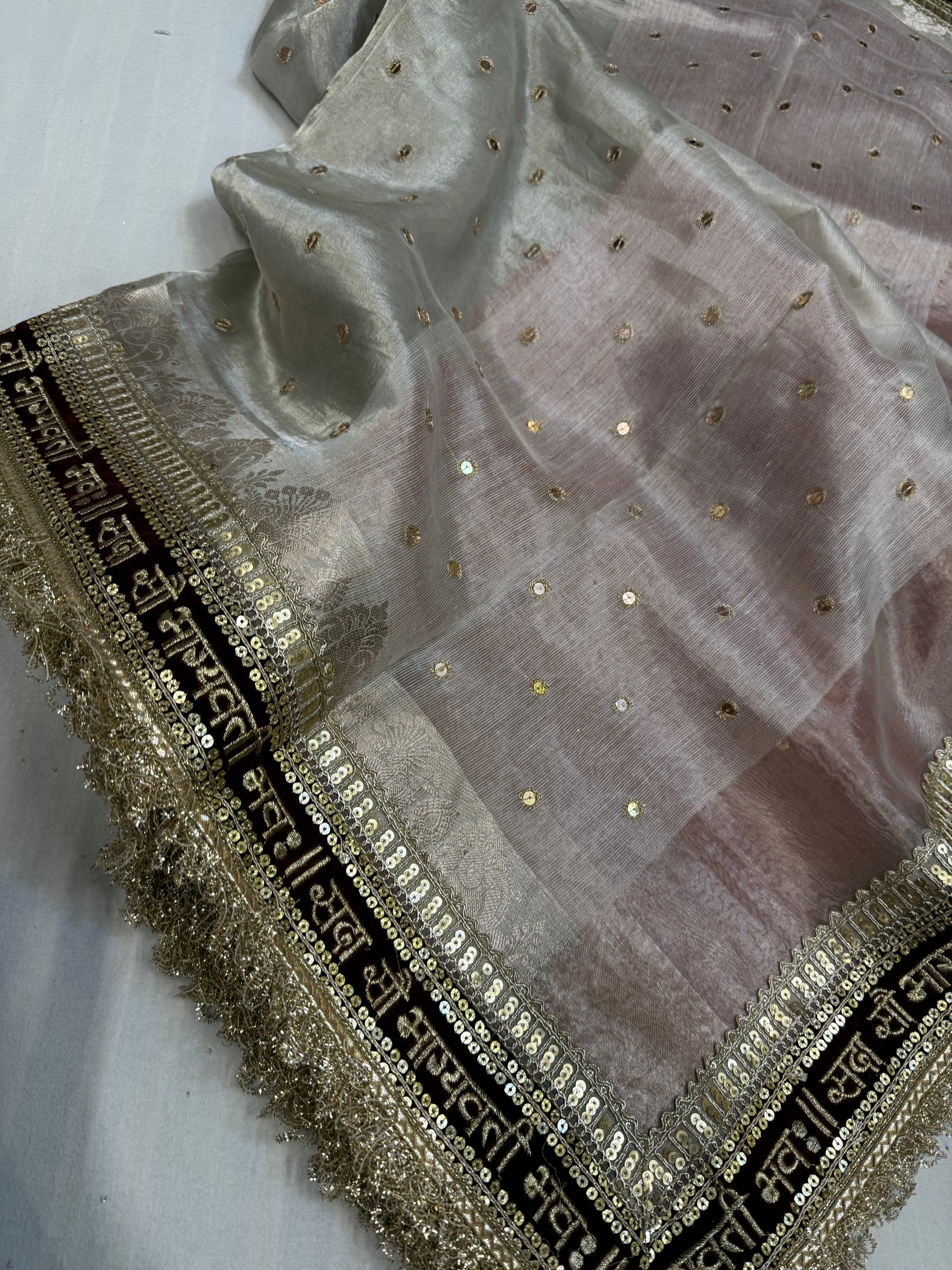 Diamond tissue silk chunri buti hand embroidered panetar saree