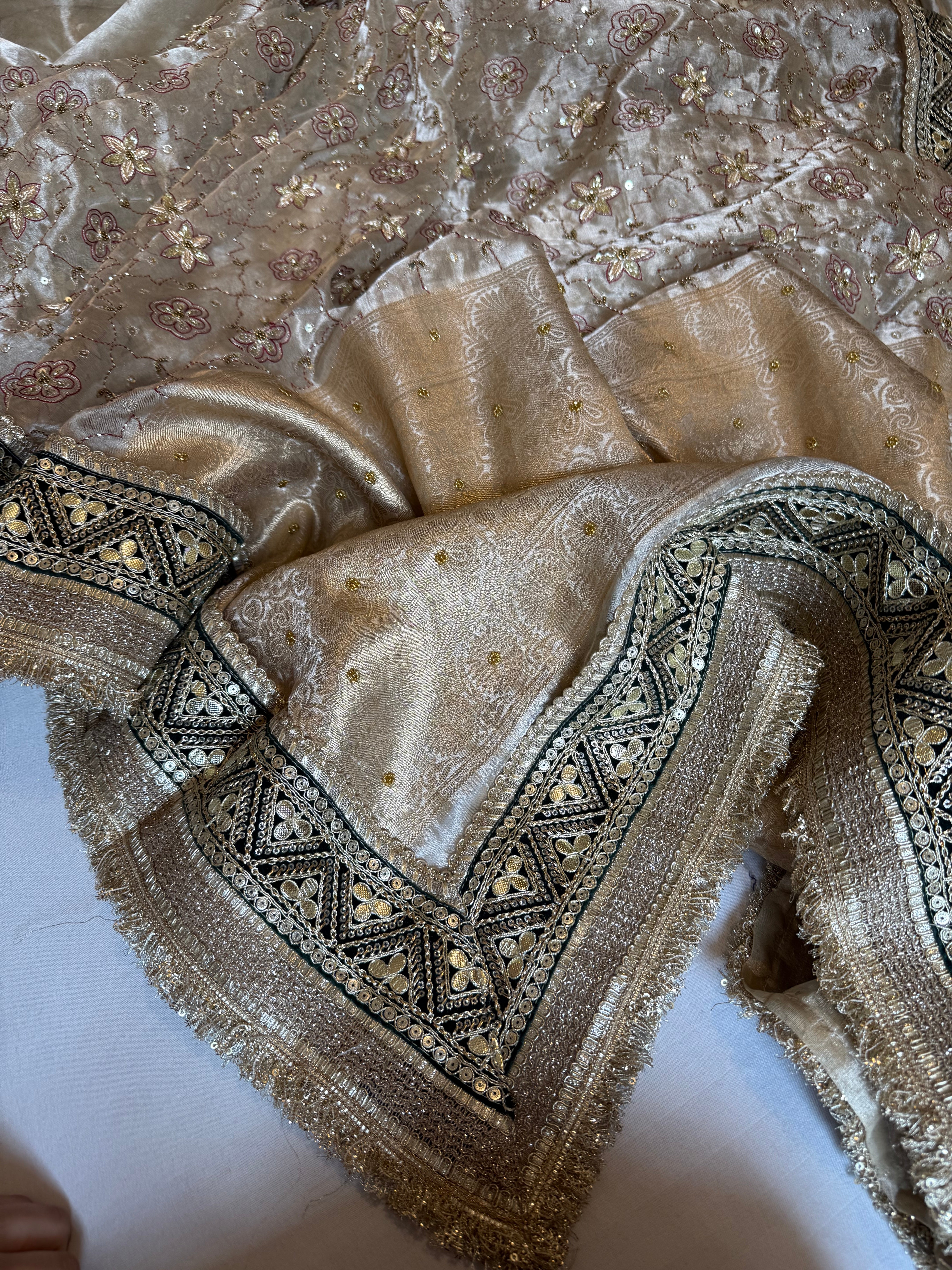 Kutchi inspired tissue silk hand embroidered heavy meenakari gharchola design saree