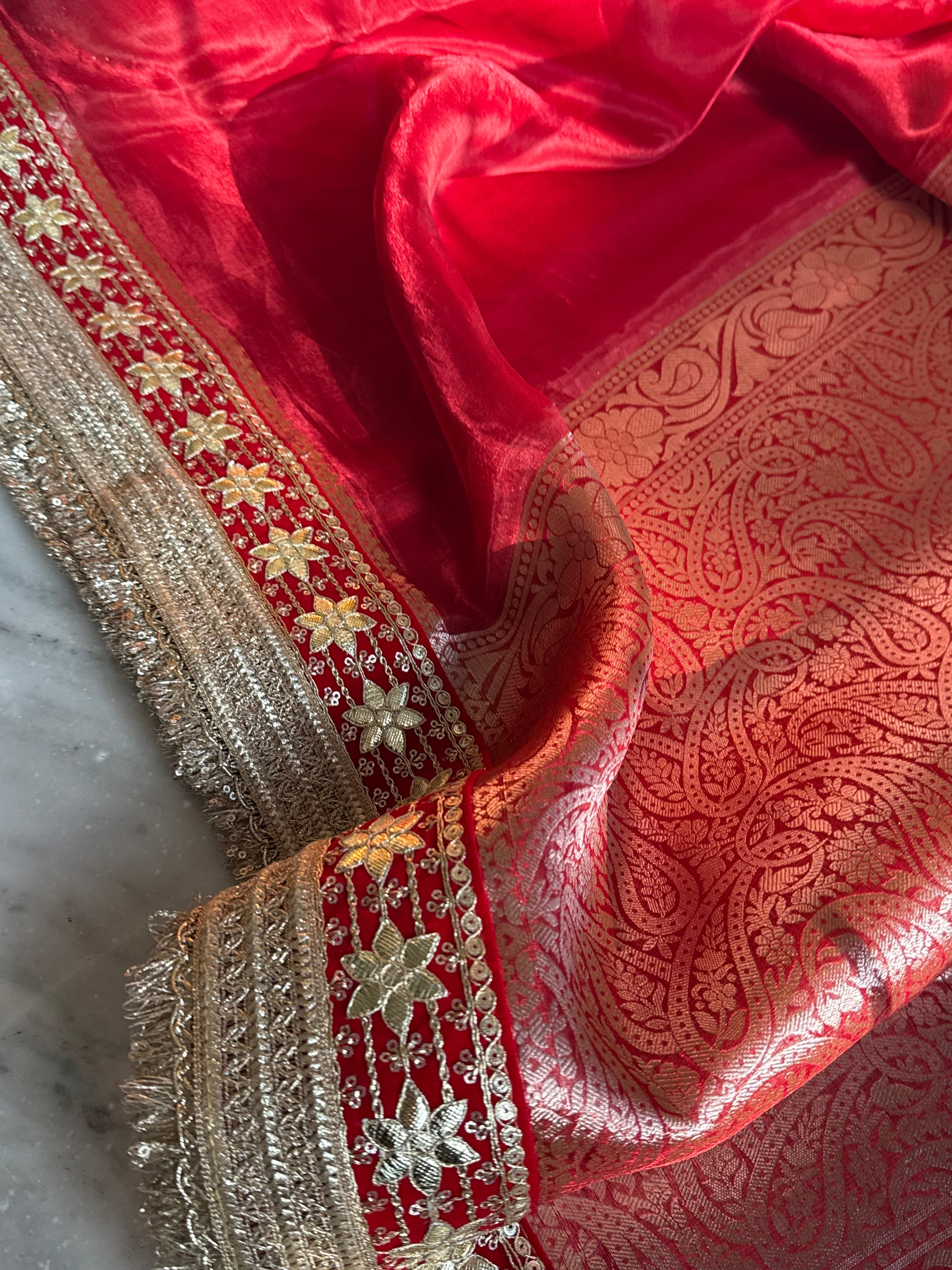 Teej special - Blood red maharani tissue silk gotapatti border saree