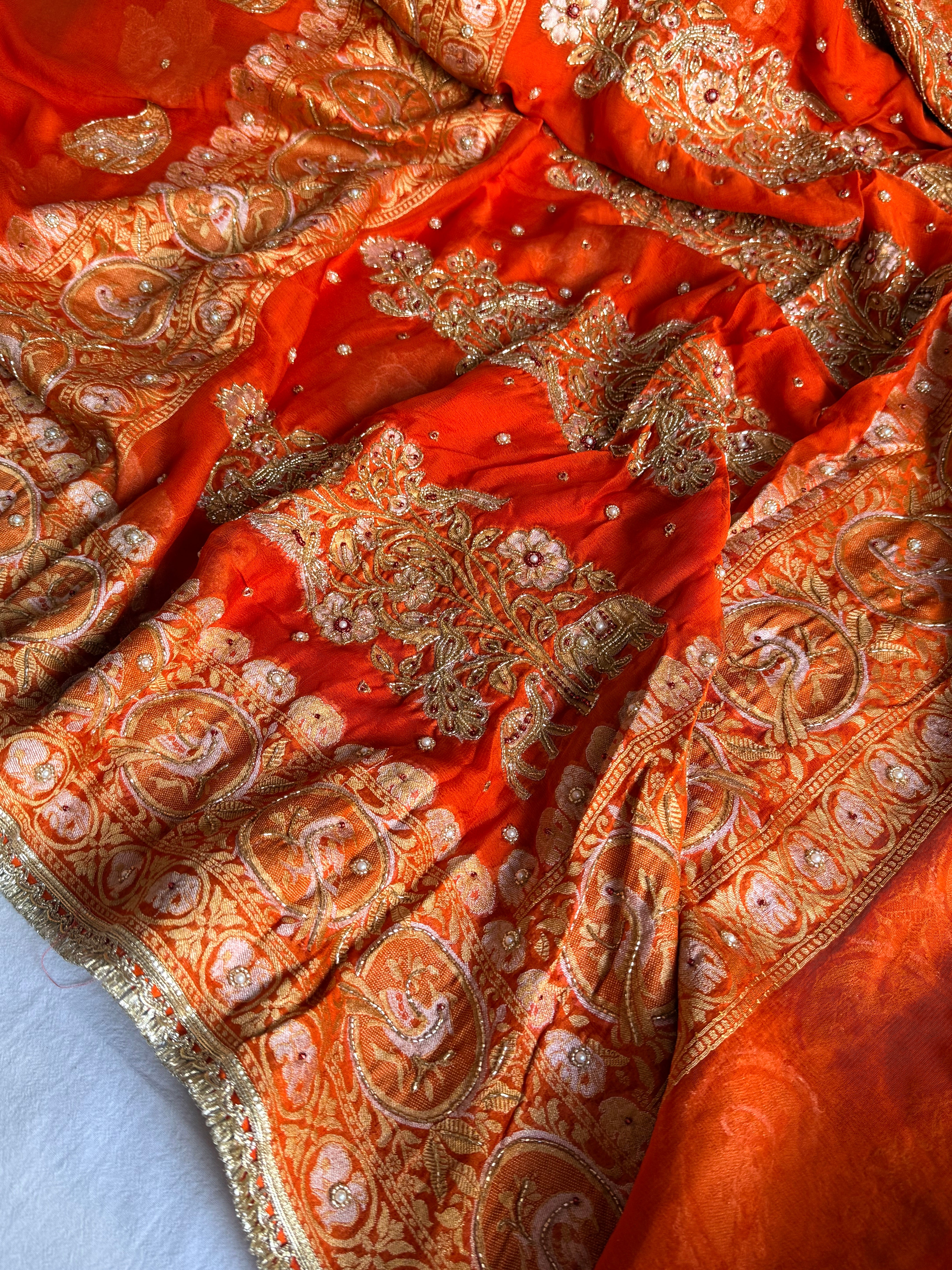 Banarasi chiffon gorgette kadhwa weaving hand embroidered saree