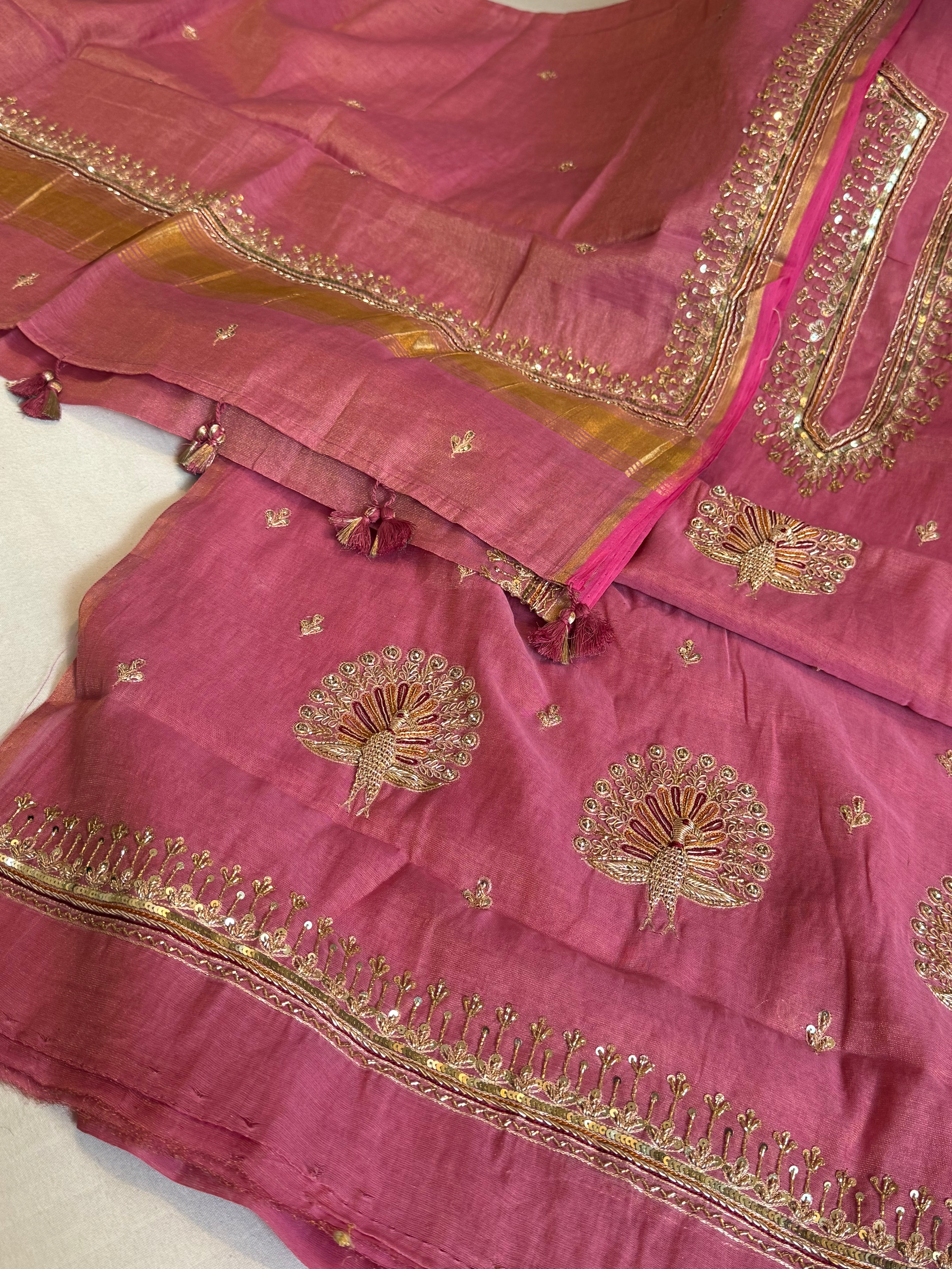 Candy pink mul cotton tissue silk hand embroidered kadhwa suit set