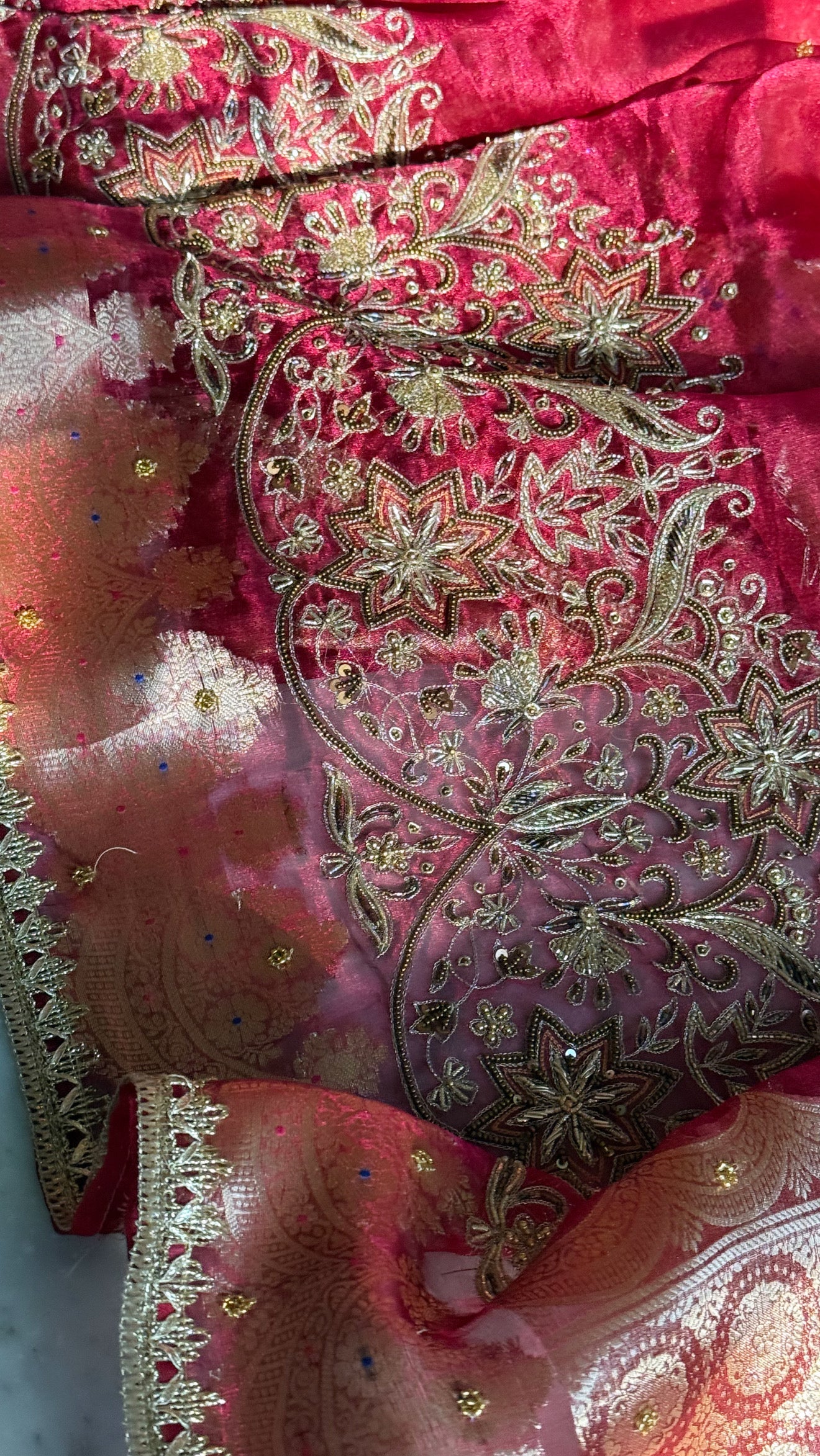 Teej special - Cranberry red tissue silk husn hand embroidered kadhwa saree