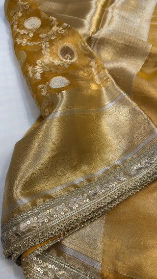 Maharani haldi yellow tissue silk kadhwa jungla saree