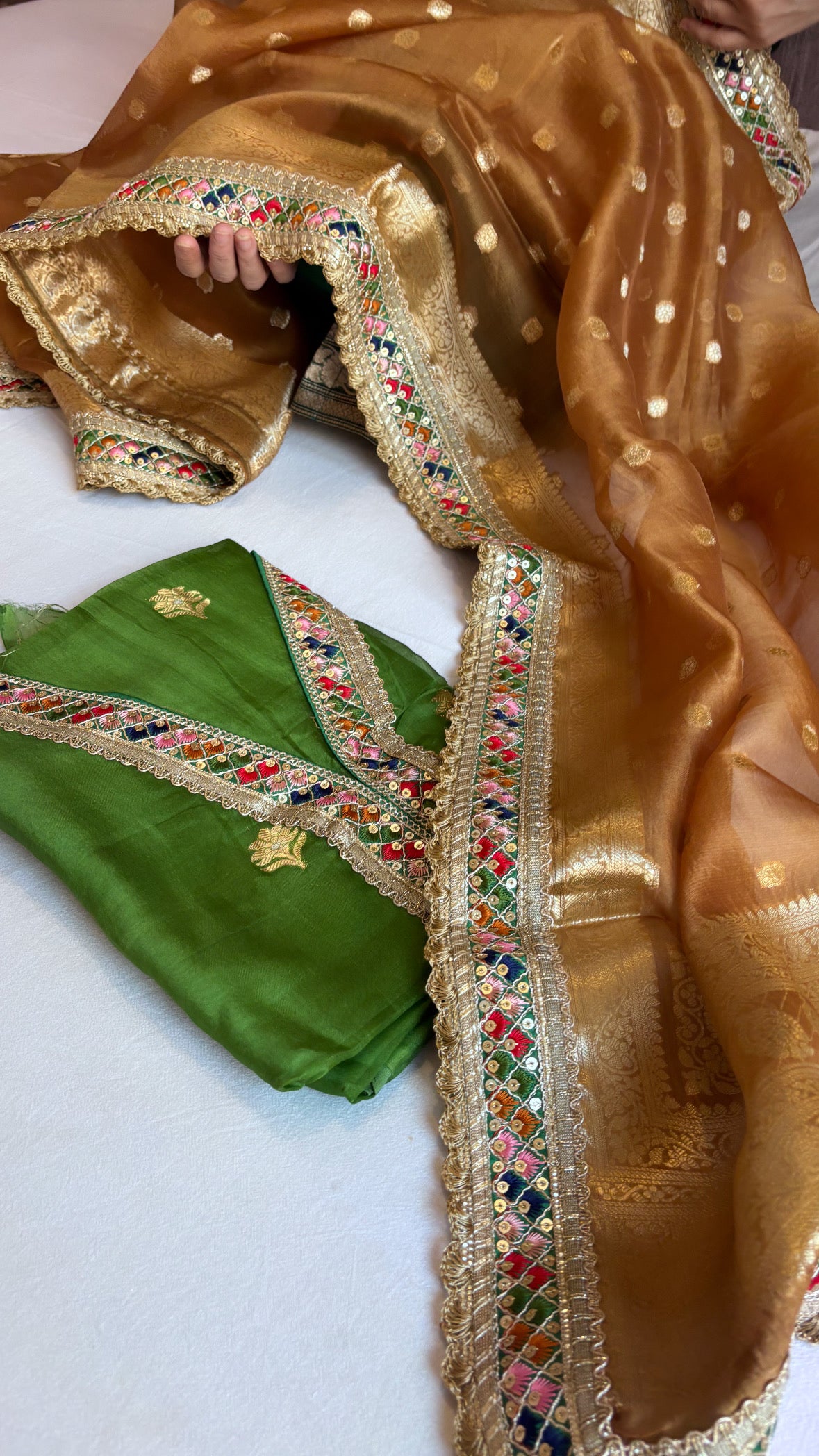 Banarasi green-brown kora silk combination gotapatti suit sets