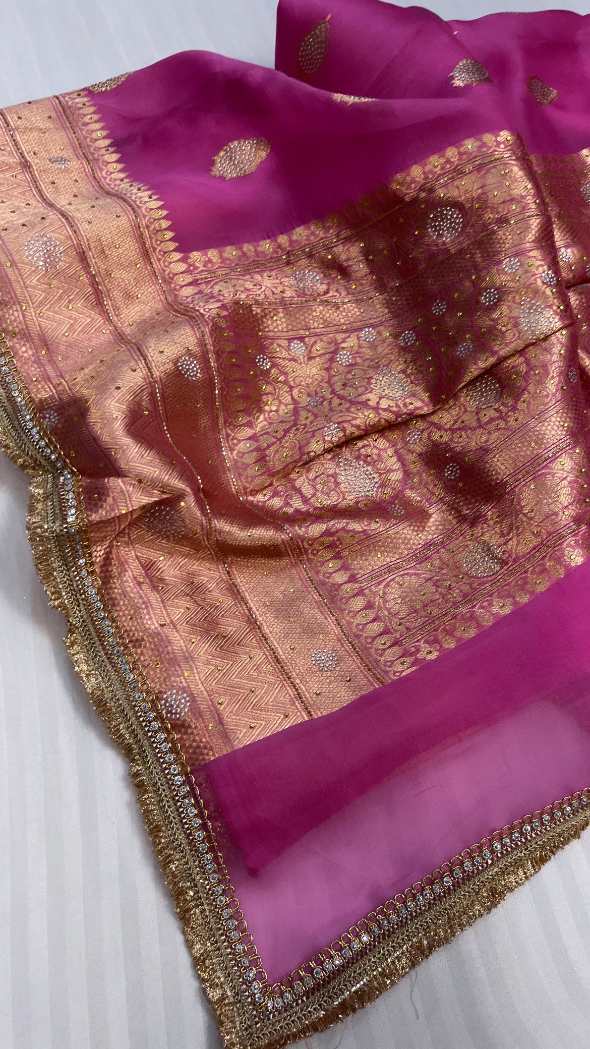 Cherry pink sitara kora silk stonework saree