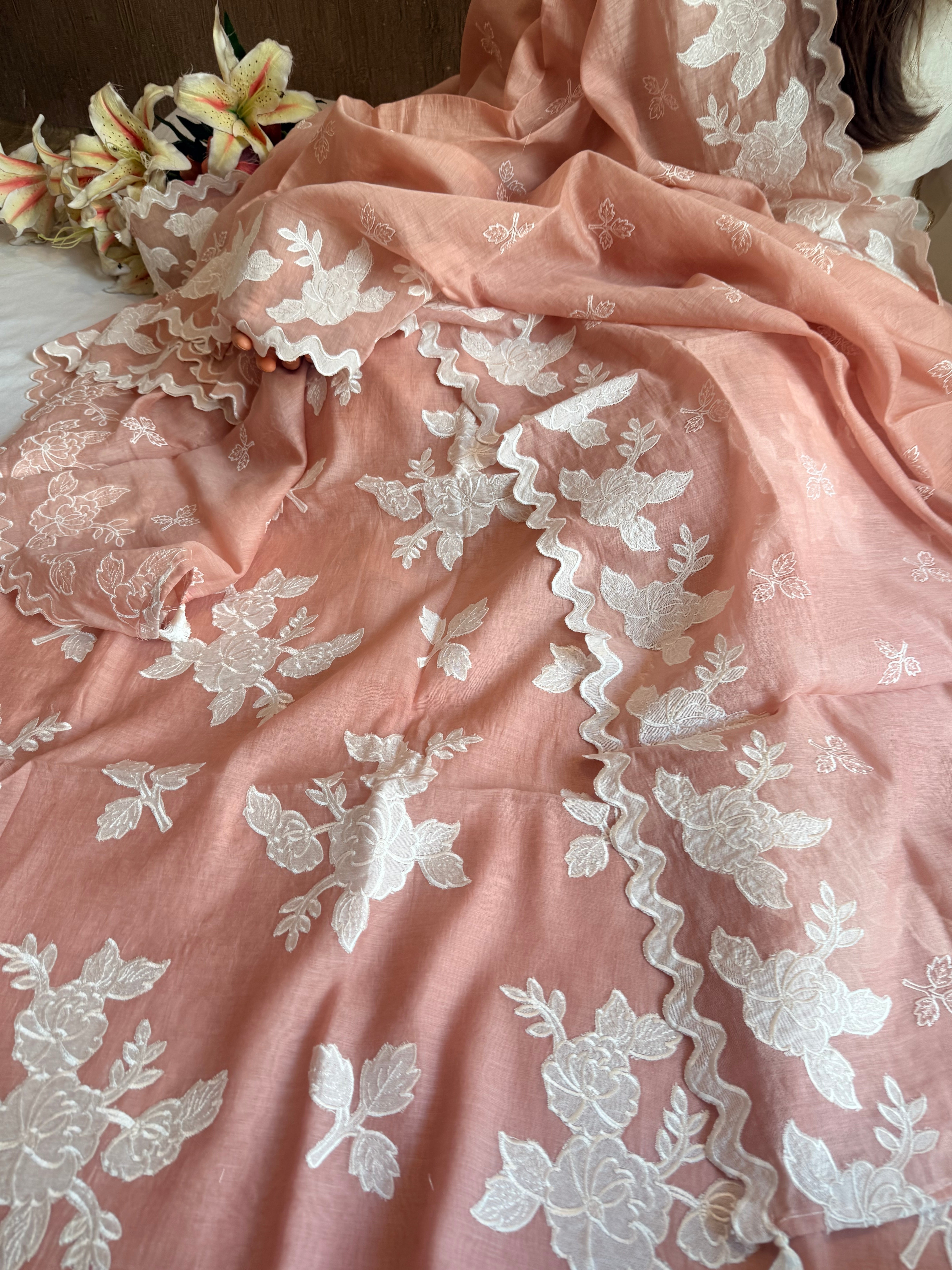 Alia bhatt inspired banarasi mulmul appliqué work suit set