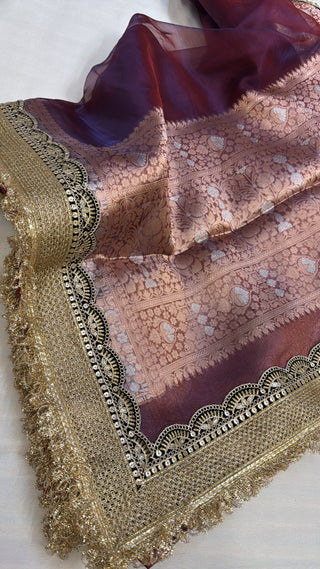 Maharani space purple dhup chao effect tissue silk saree
