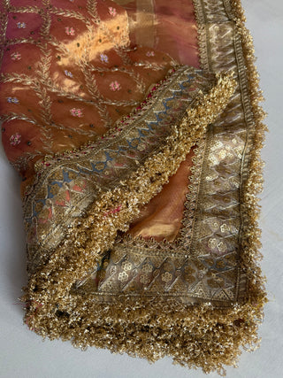 Mughal motif inspired- Kanjivaram blush pink and golden dhup chao effect husn tissue silk hand embroidered saree