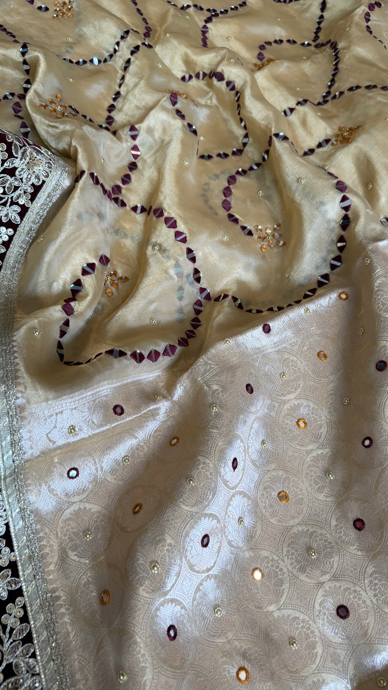 Sheesham edit - Heavy double tissue silk mirror work hand embroidered saree