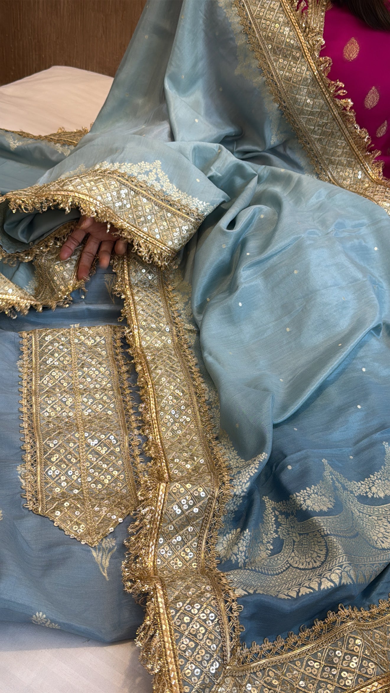 Blush blue ombre shaded moonga silk kadhwa suit set