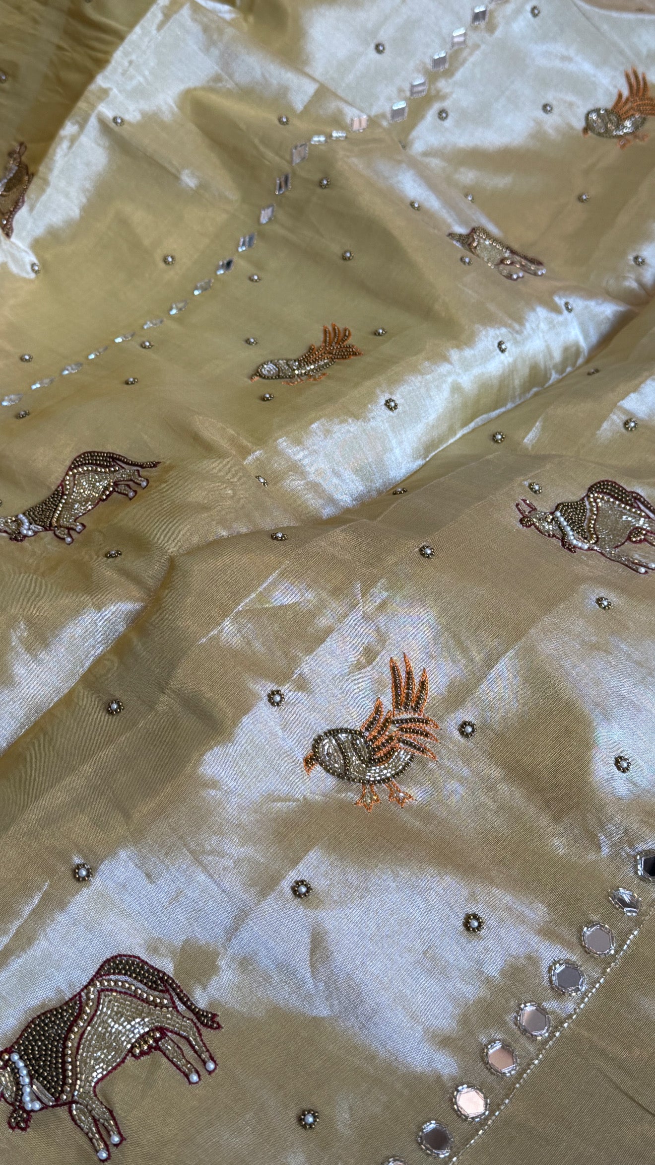 Satin tissue silk ivory gold hand embroidered kadhwa saree