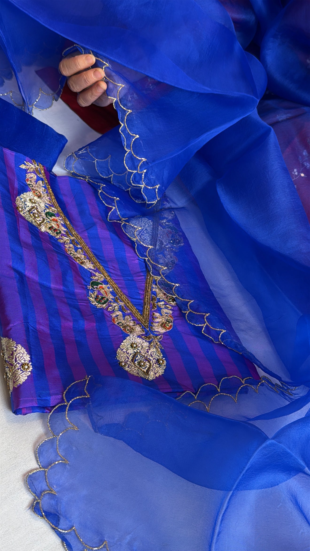 Electric blue-purple dhup chao effect katan silk striped kurta paired with kora silk scalloped duppata set