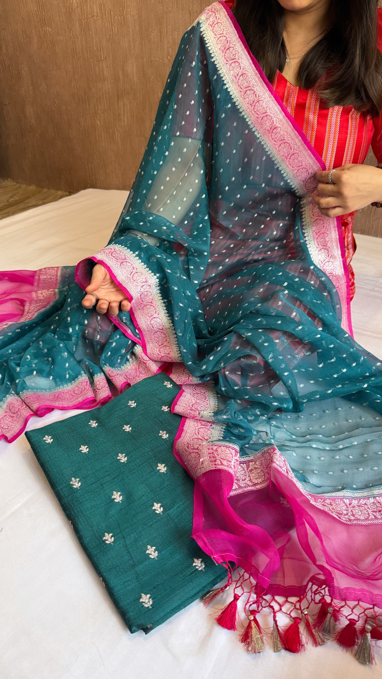 Emerald green-rani pink raw silk kadhwa buti kurta paired with chiffon gorgette chap dye duppata set