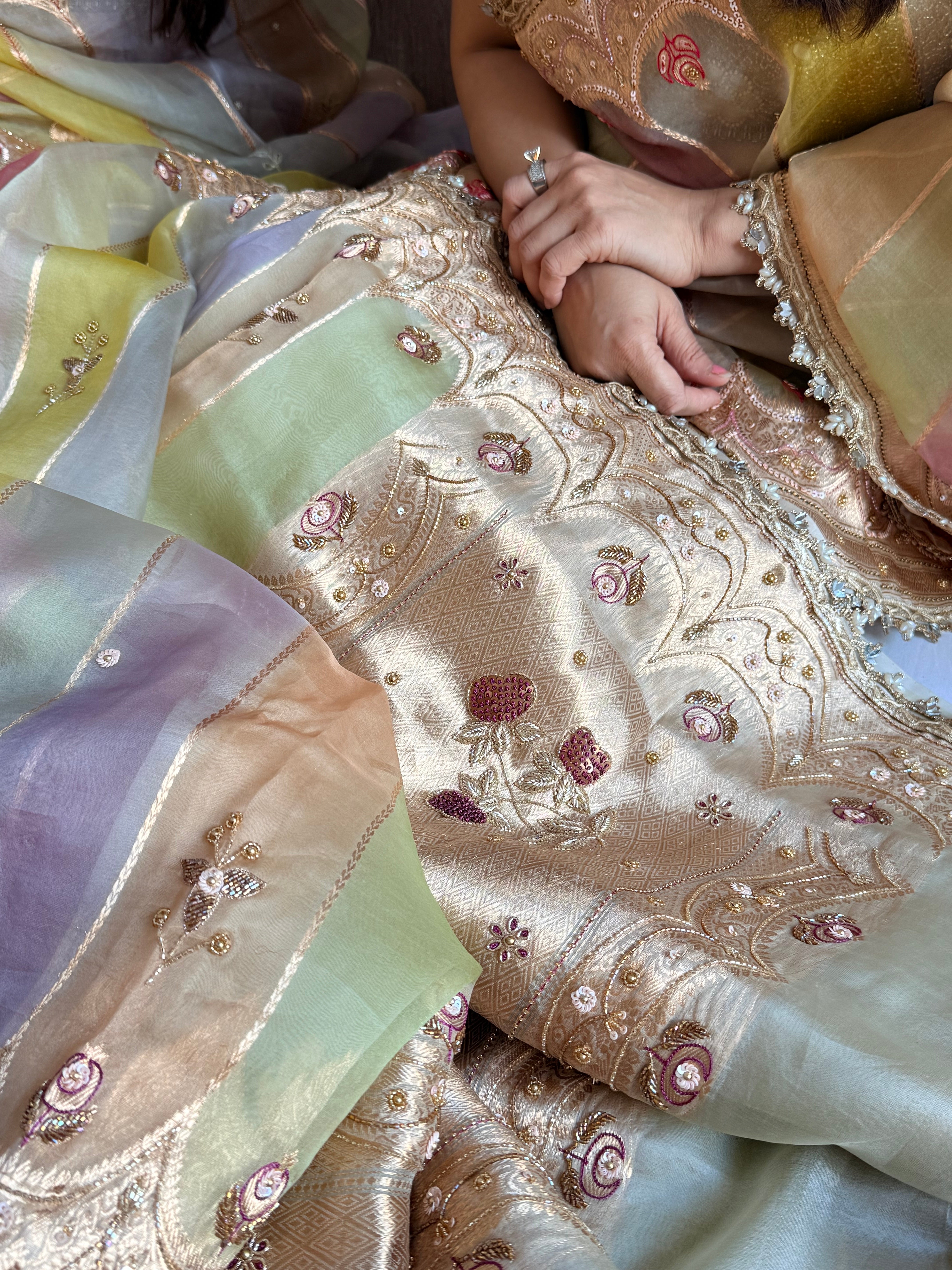 Rang birangi edit - striped kora silk hand embroidered rangkaat saree