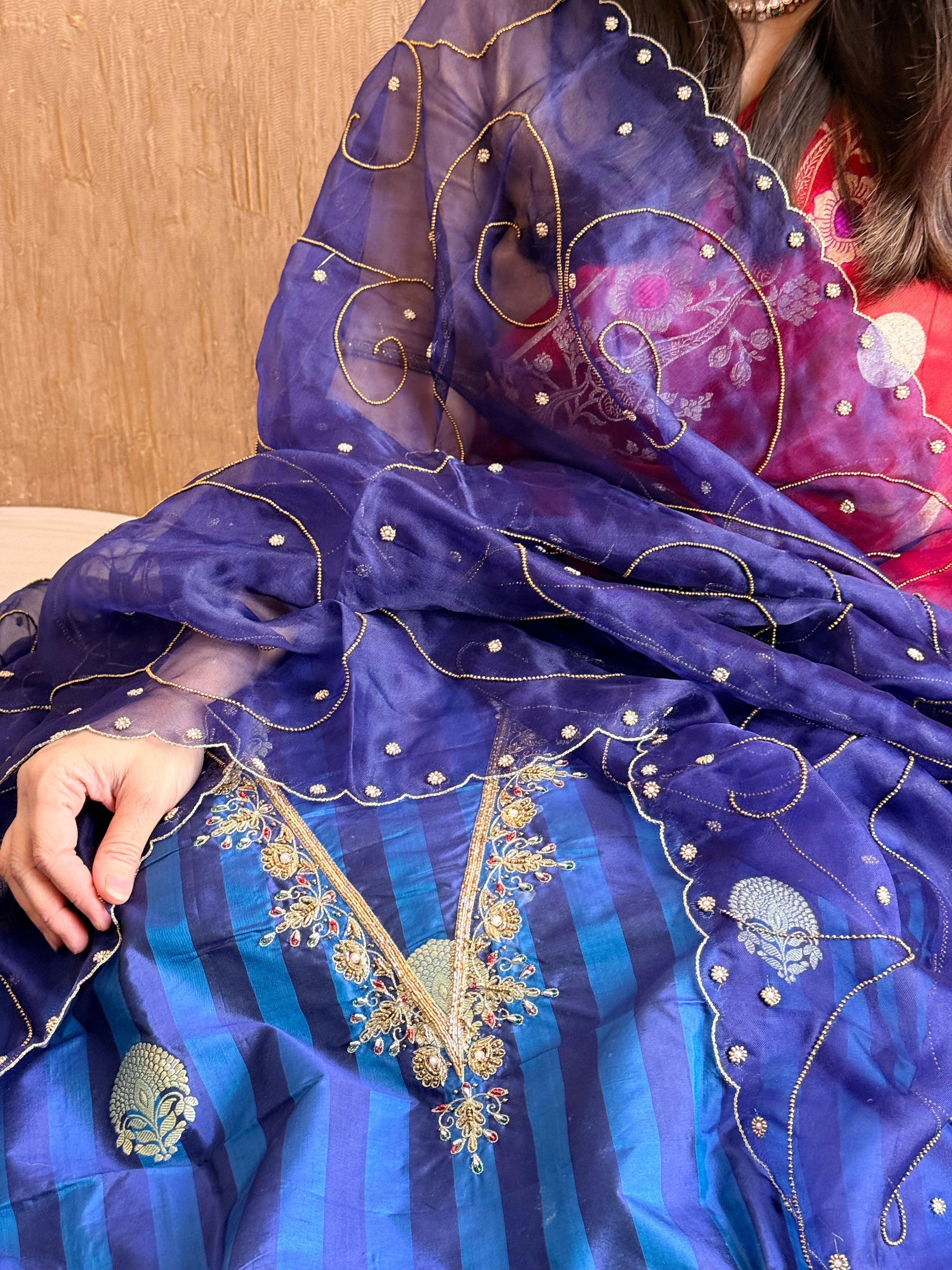 Katan silk kadhwa hand embroidered striped dhup chao effect suit set