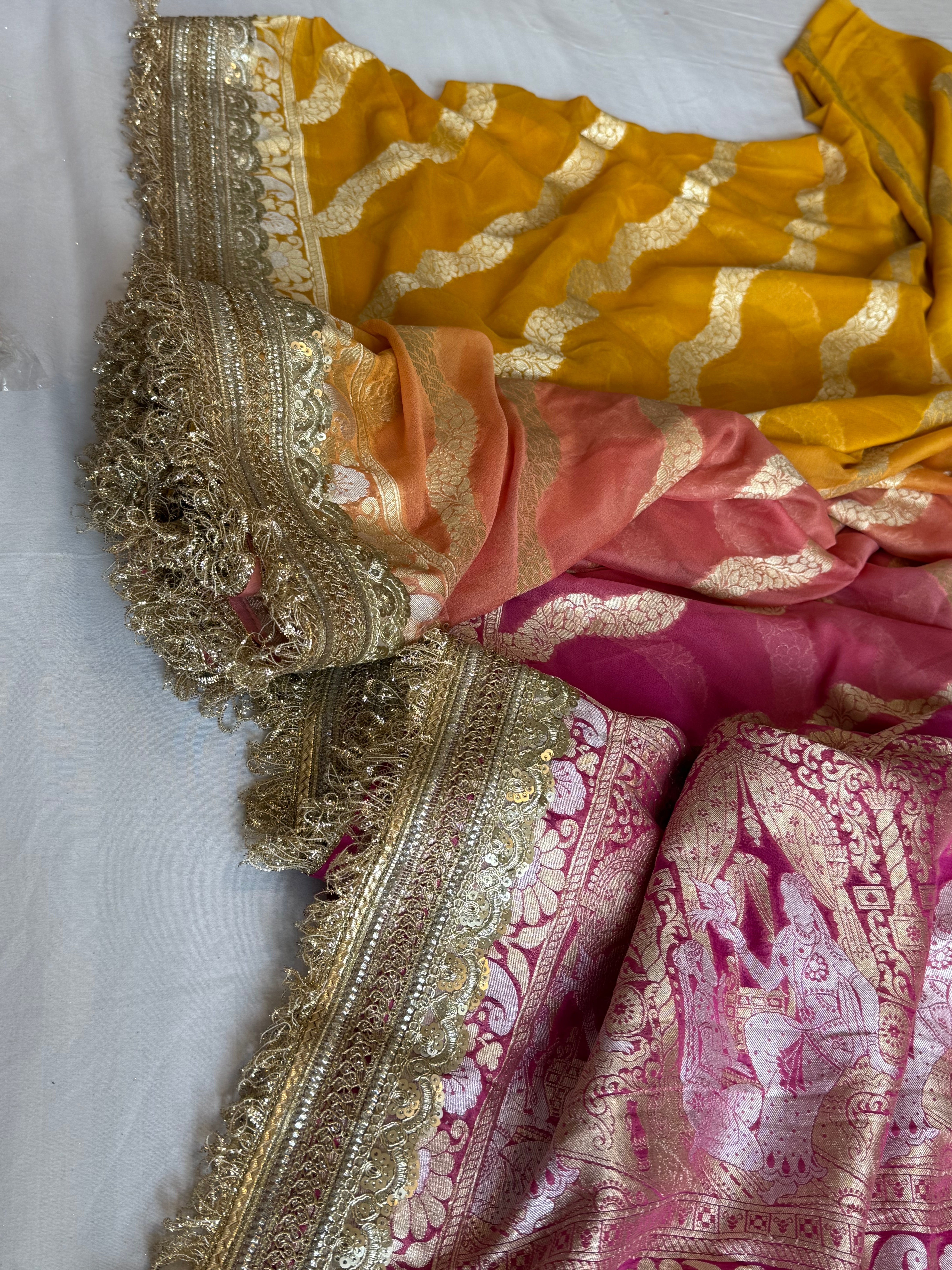 Gayatri devi inspired banarasi chiffon gorgette kadhwa shaded jungla saree