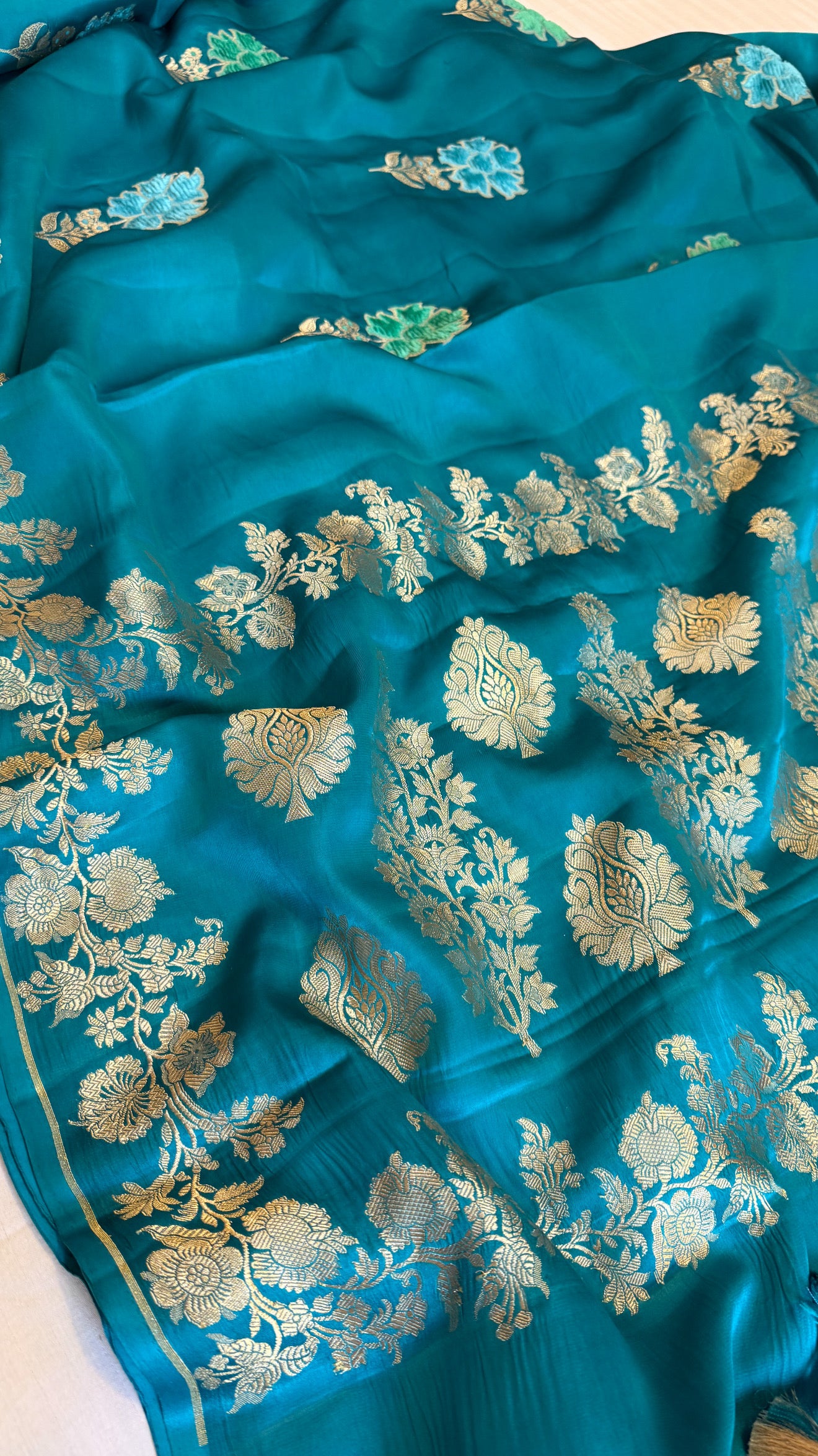 Teal blue banarasi mashru silk velvet buti kadhwa weaving saree