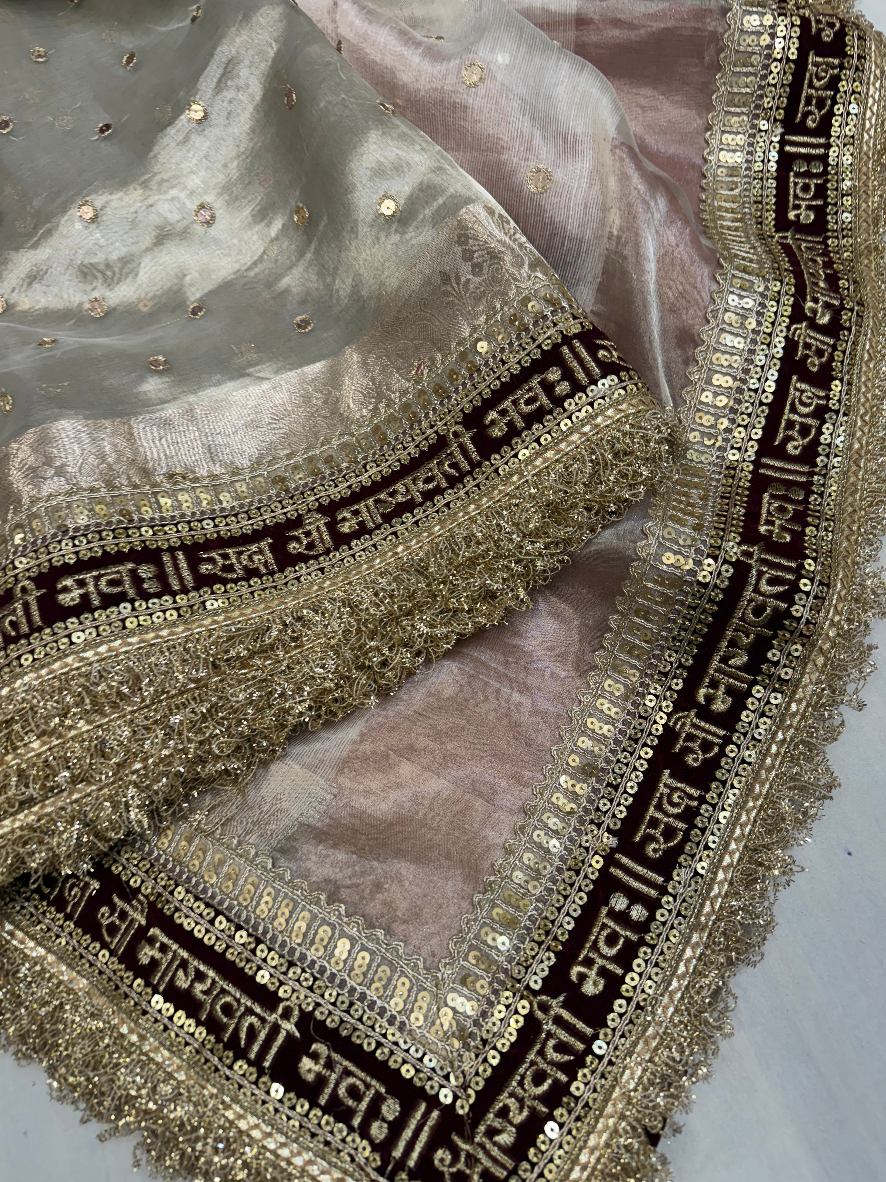 Diamond tissue silk chunri buti hand embroidered panetar saree