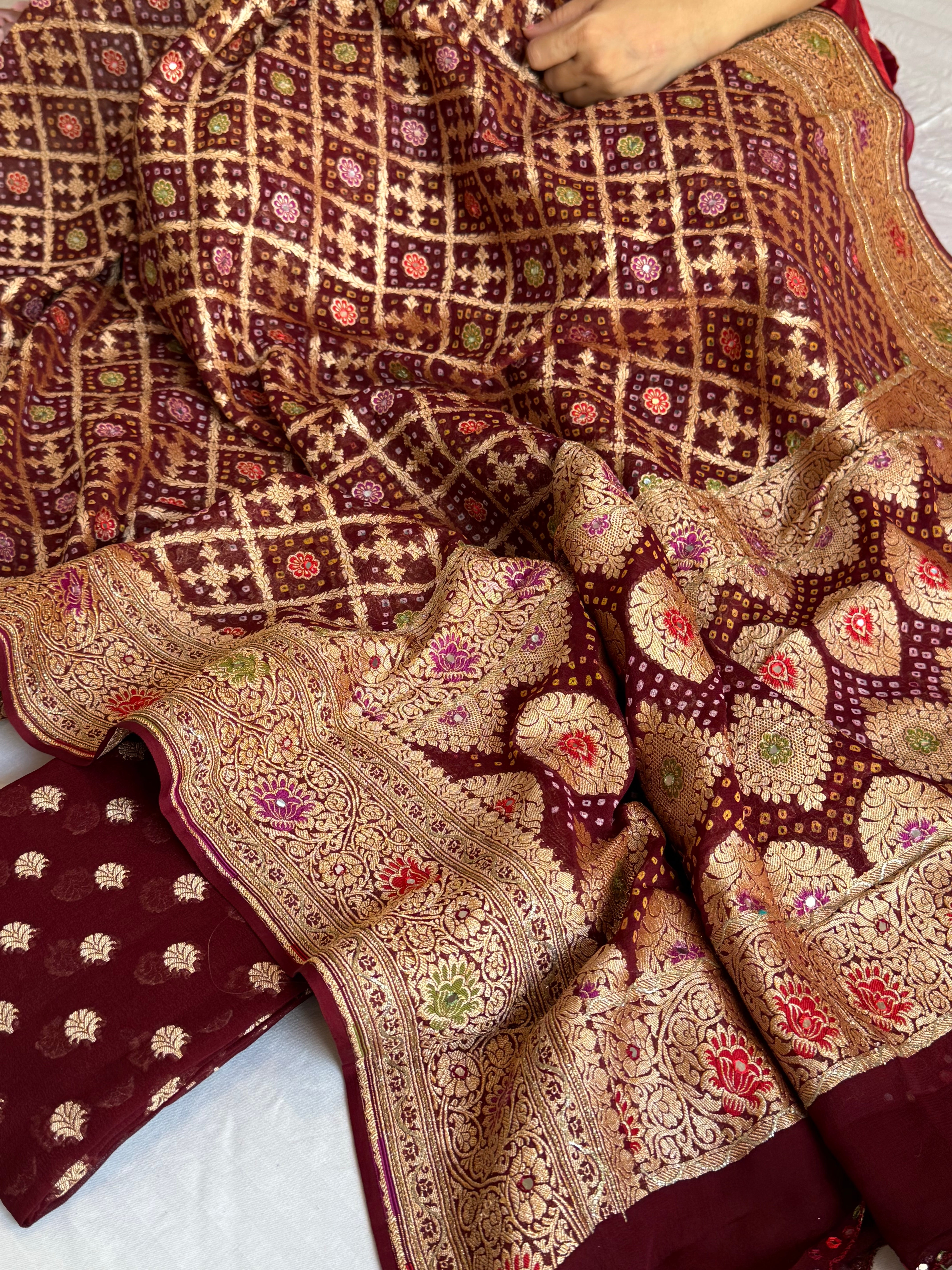 Mirror and dori work deep bergundy banarasi bandhej gorgette kadhwa suit sets