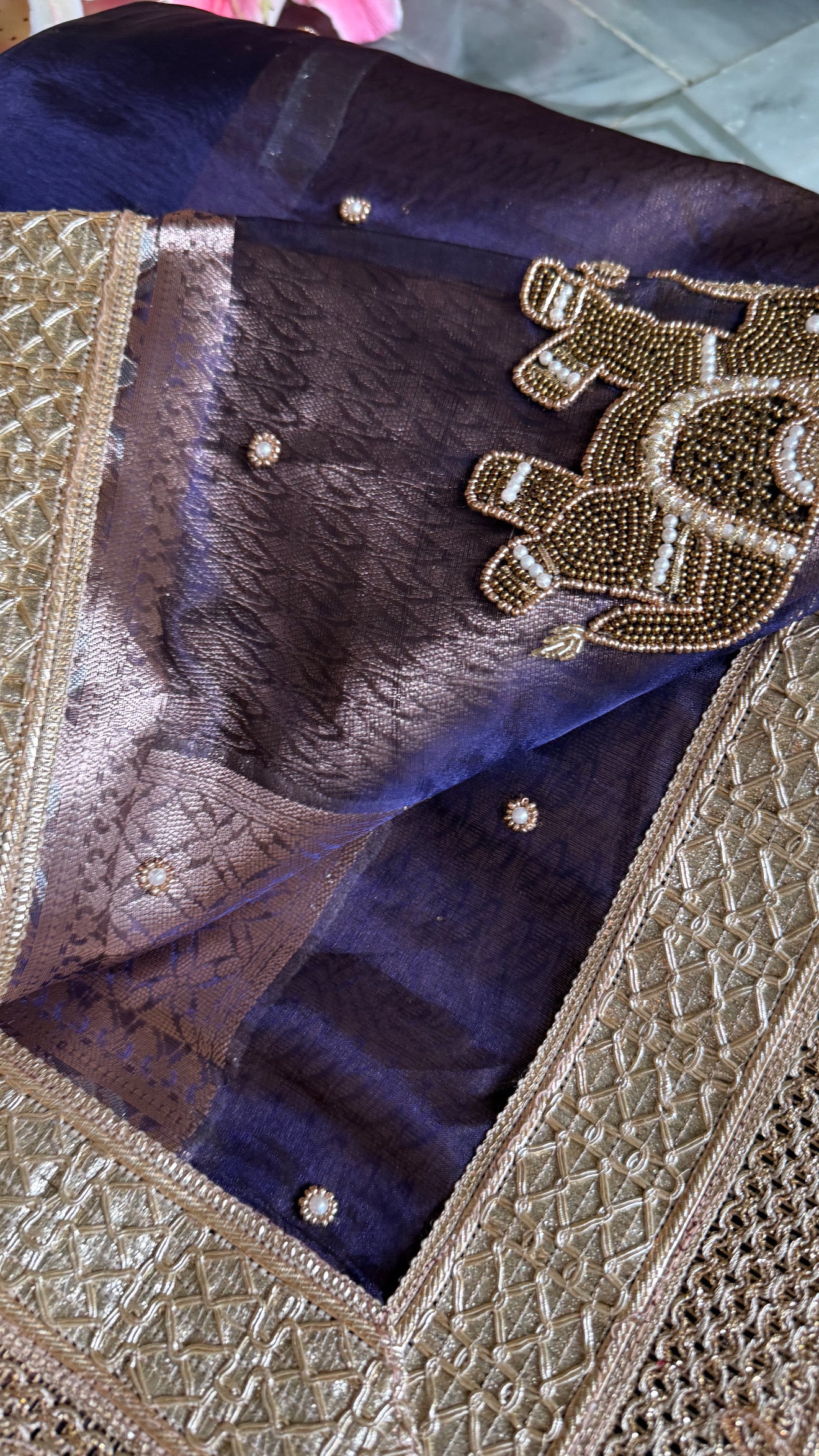 Husn midnight blue tissue silk hand embroidered elephant motif saree