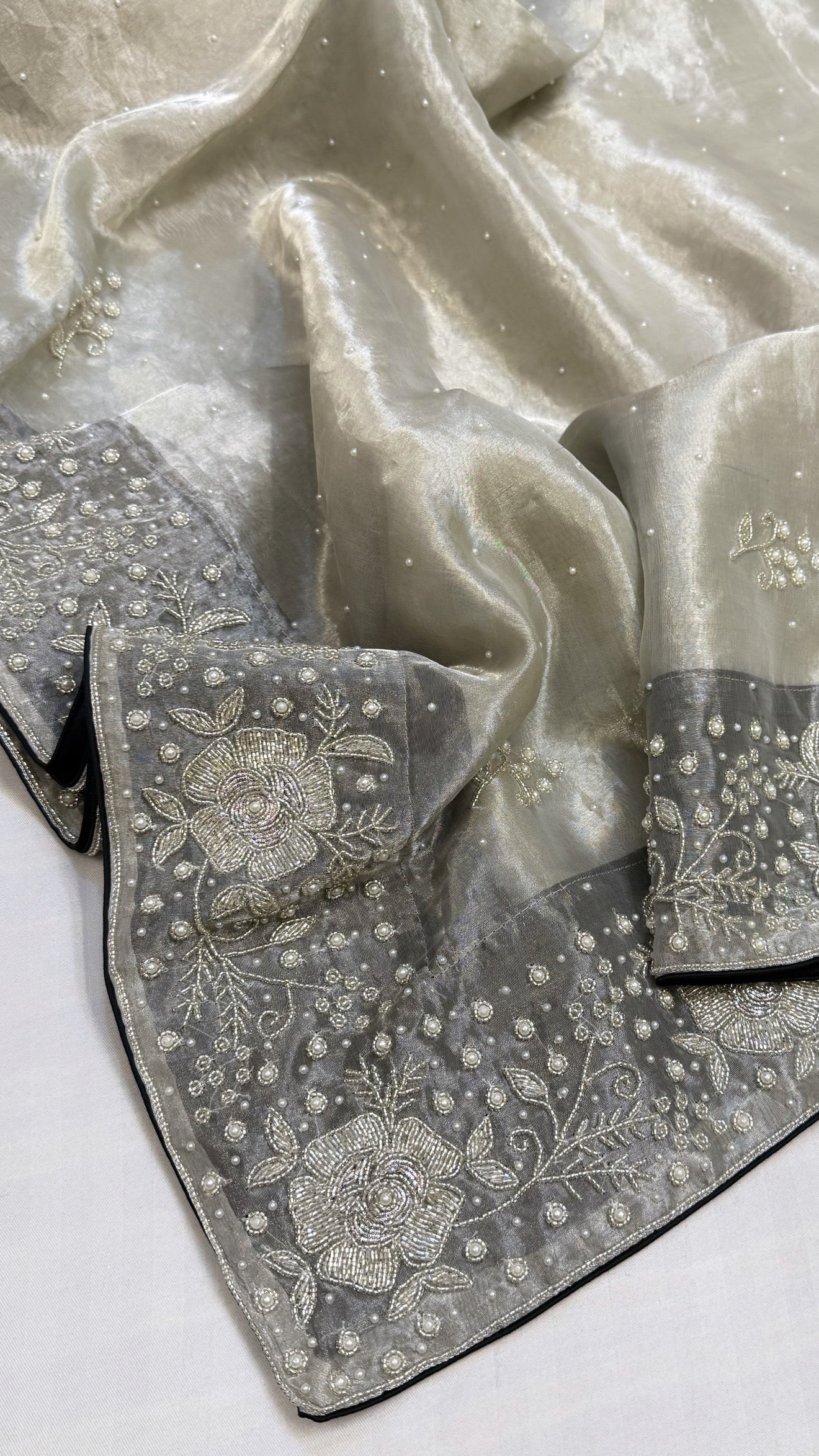 Heere aur moti edit- Ivory diamond tissue silk heavy pearl zardozi work hand embroidered saree