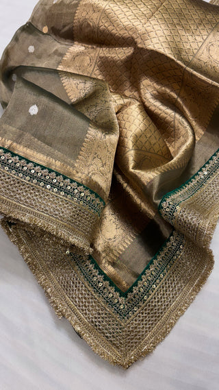 Maharani army green tissue silk kadhwa buti saree