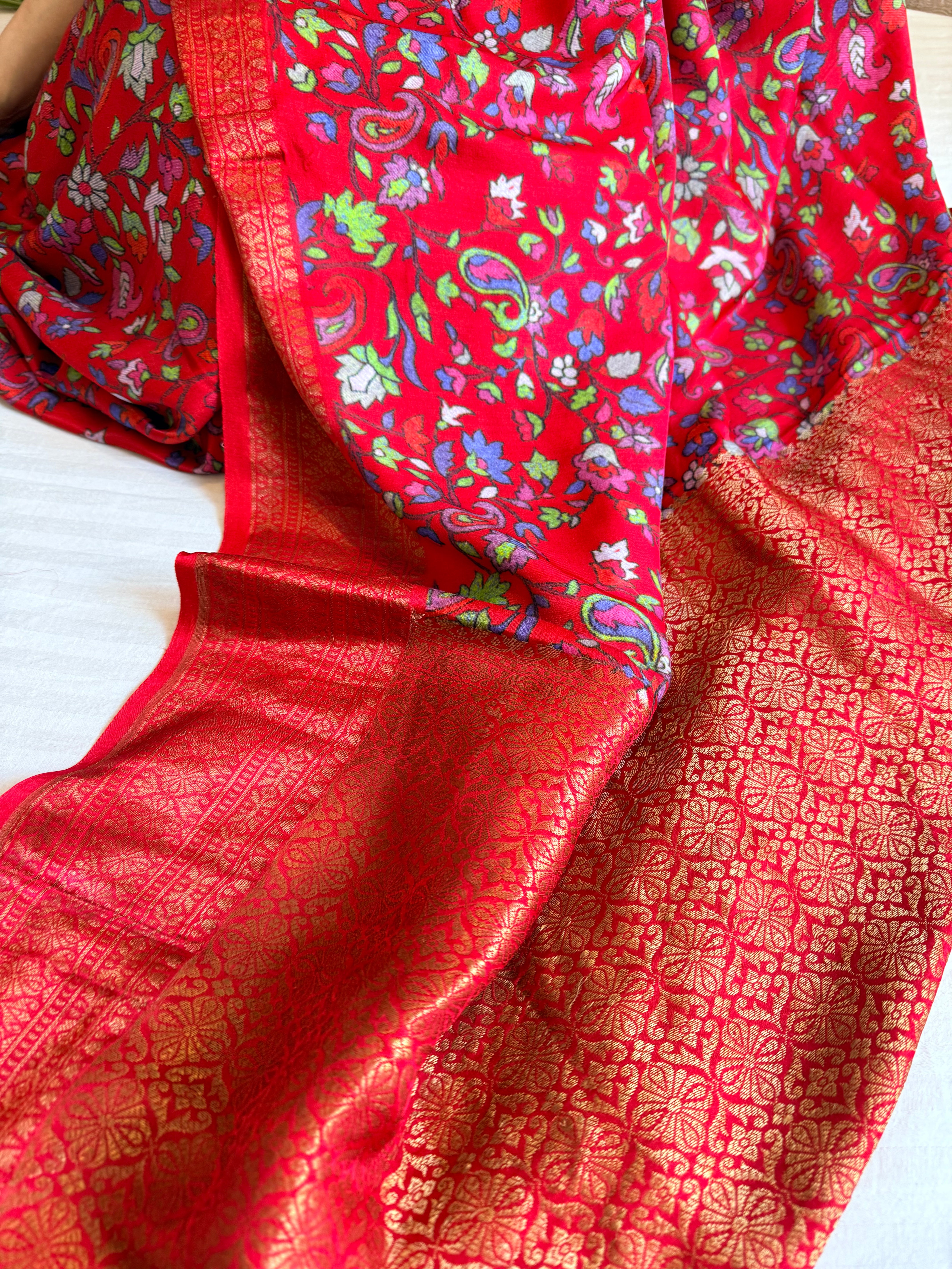 Banarasi mashru satin silk kani weaving printed cherry red saree