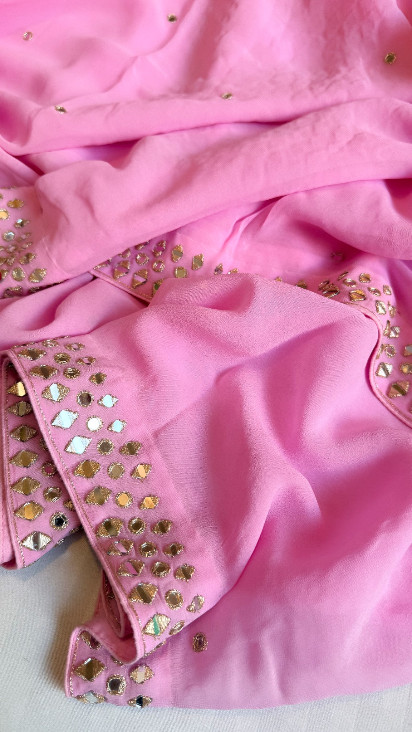 Mother’s Day offer - Candy pink chiffon gorgette mirrorwork hand embroidered sarees