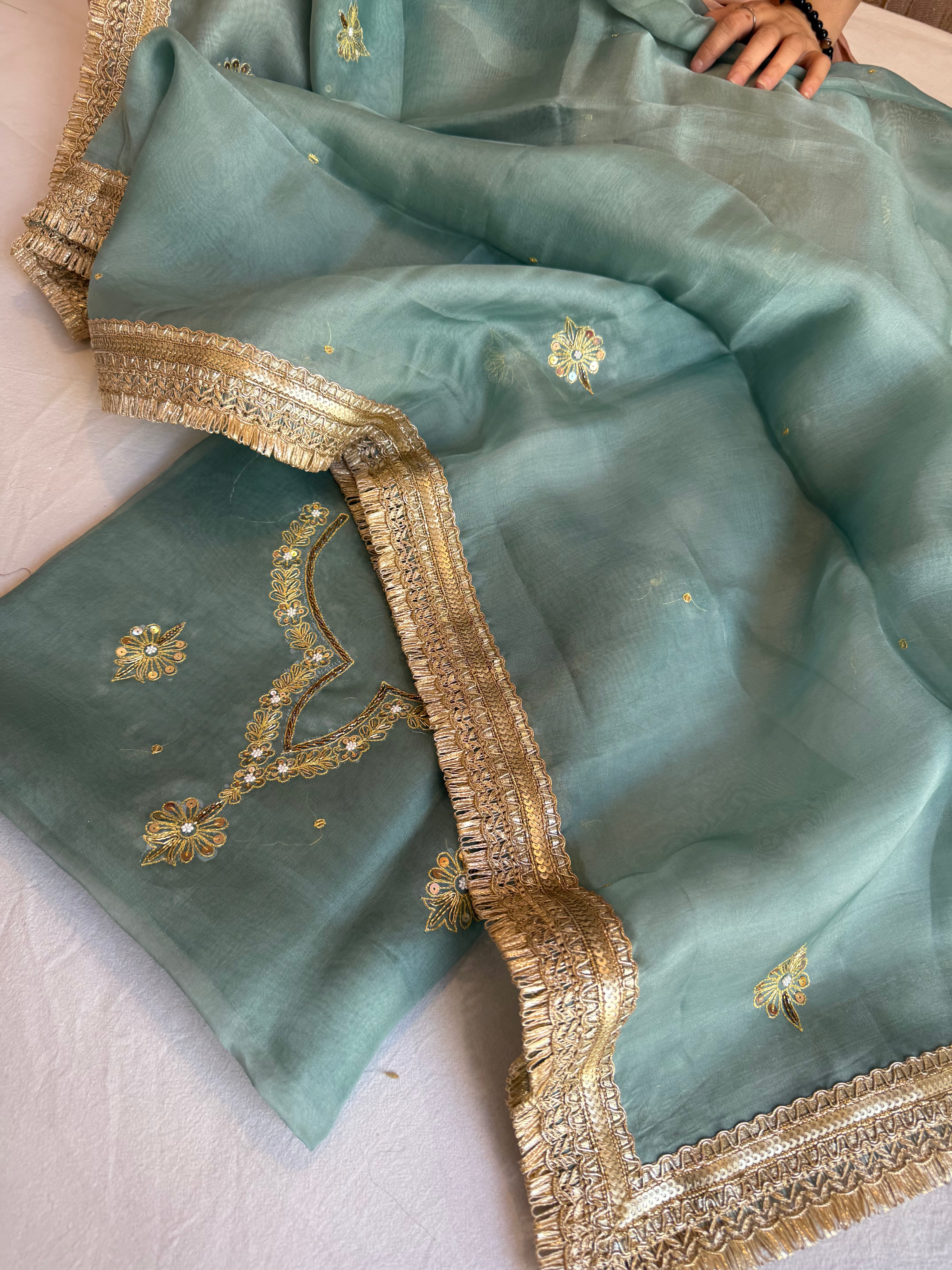 Aari and tilli hand embroidered kora silk teal blue kadhwa suit set