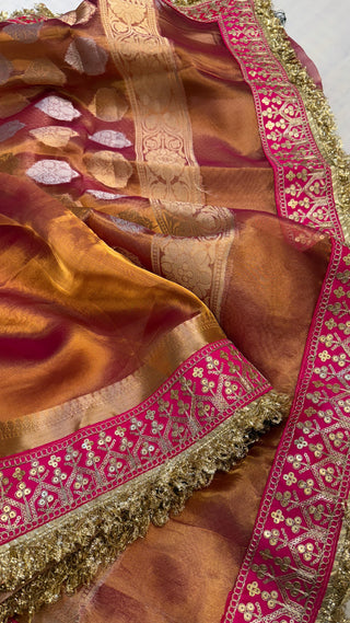 Kanjivaram rani pink maharani tissue silk meenakari border saree