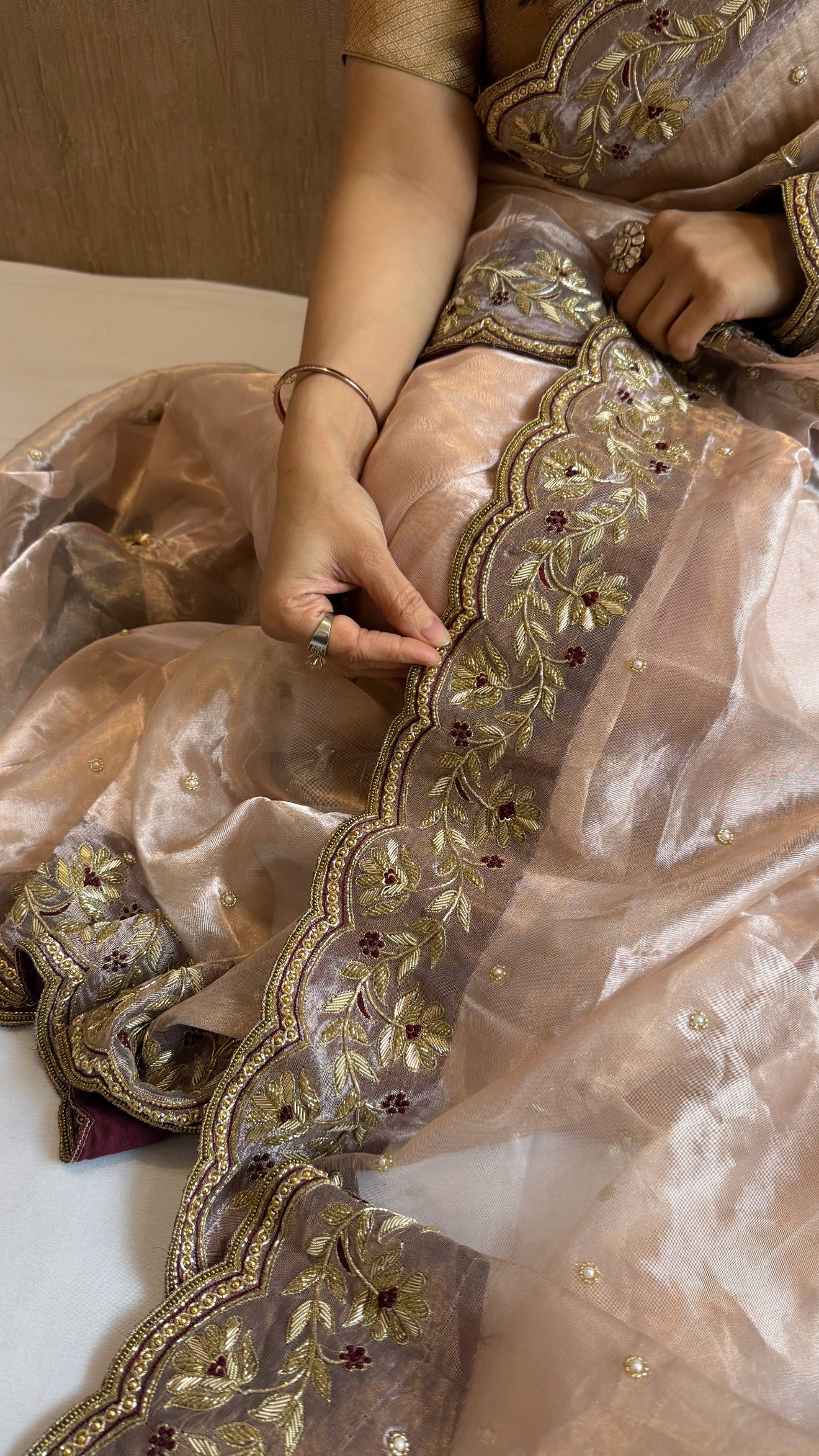 Diamond tissue silk floral kadhwa hand embroidered border