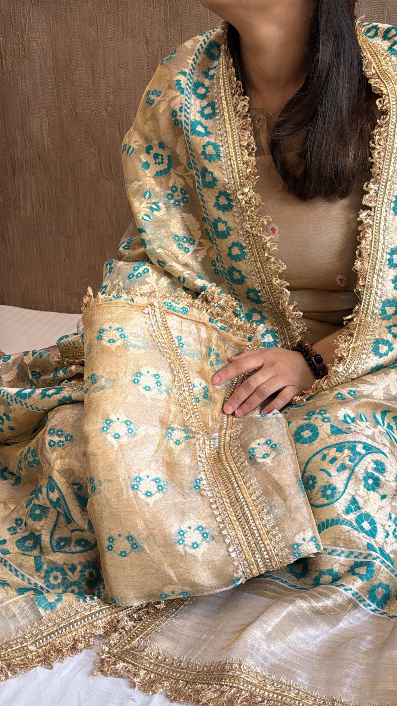 Vivah edit - Golden tissue silk jamdani weaving meenakari hand embroidered suit sets