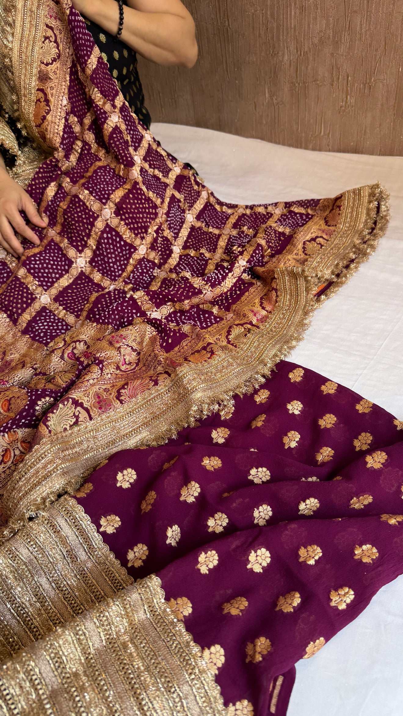 Deep plum-purple rai banarasi bandhej gorgette kadhwa gotapatti suit set