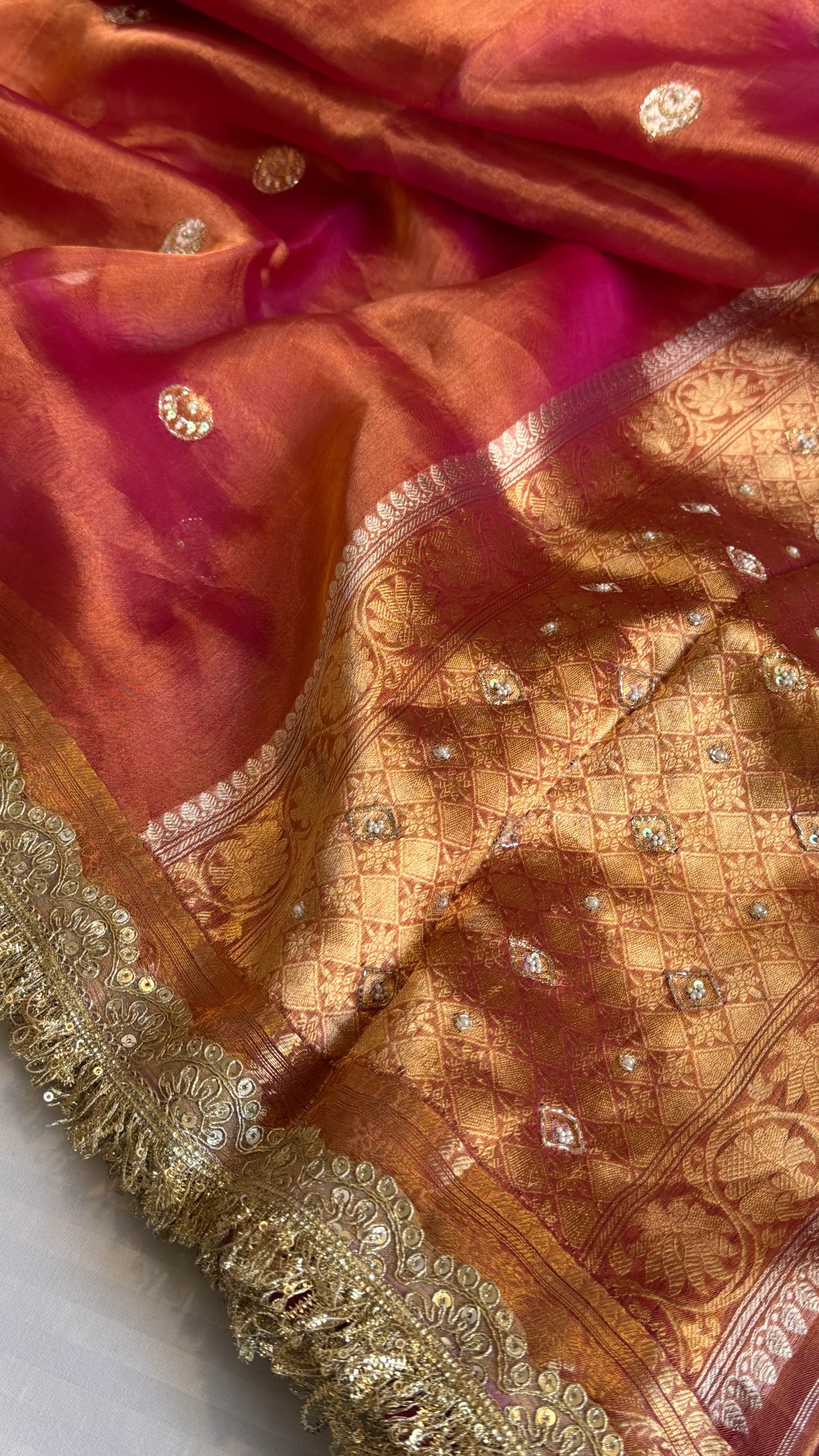 Chand tara rani pink dhup chao effect tissue silk hand embroidered saree