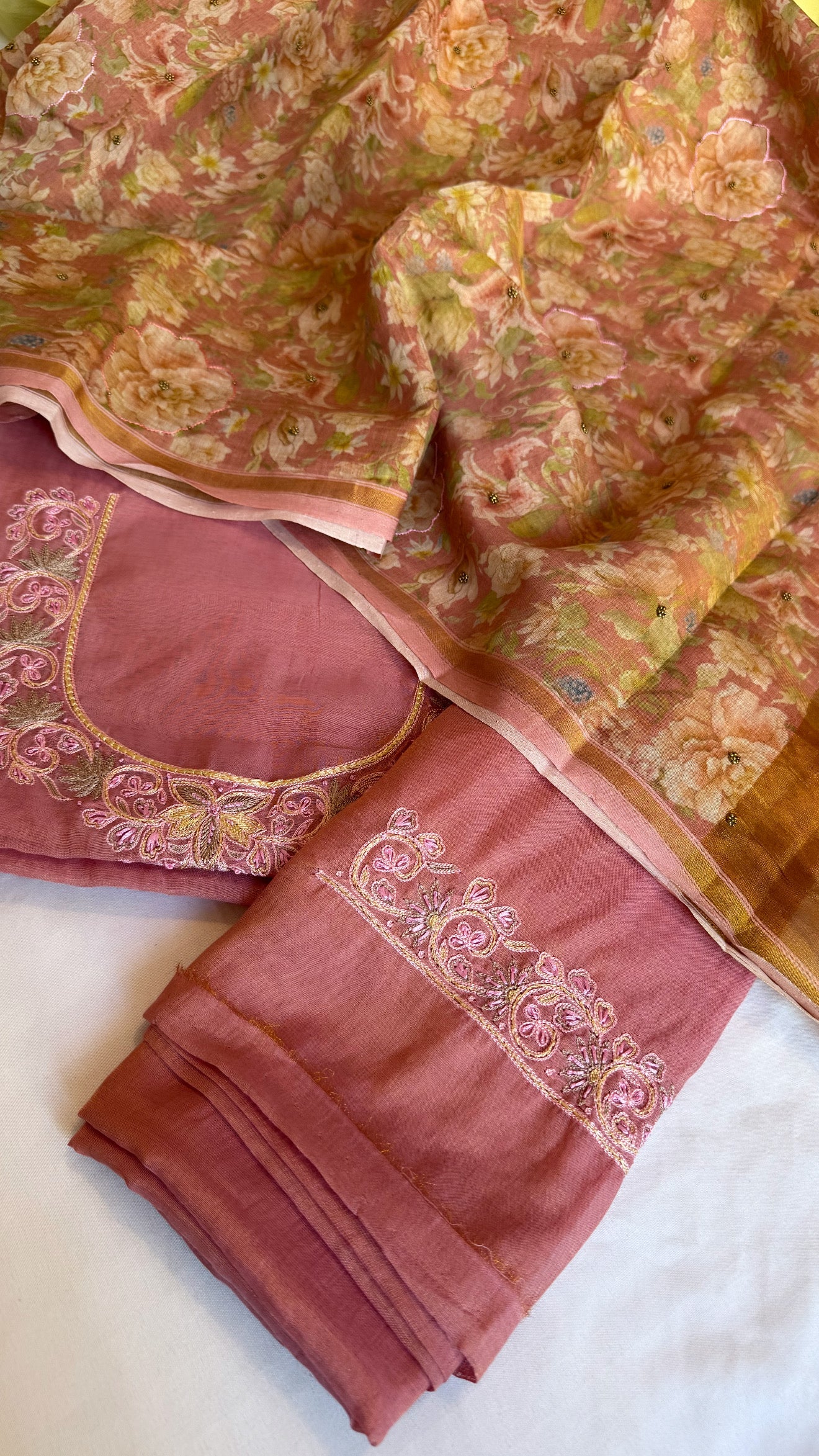 Dark peach resham hand embroidered mul cotton suit set