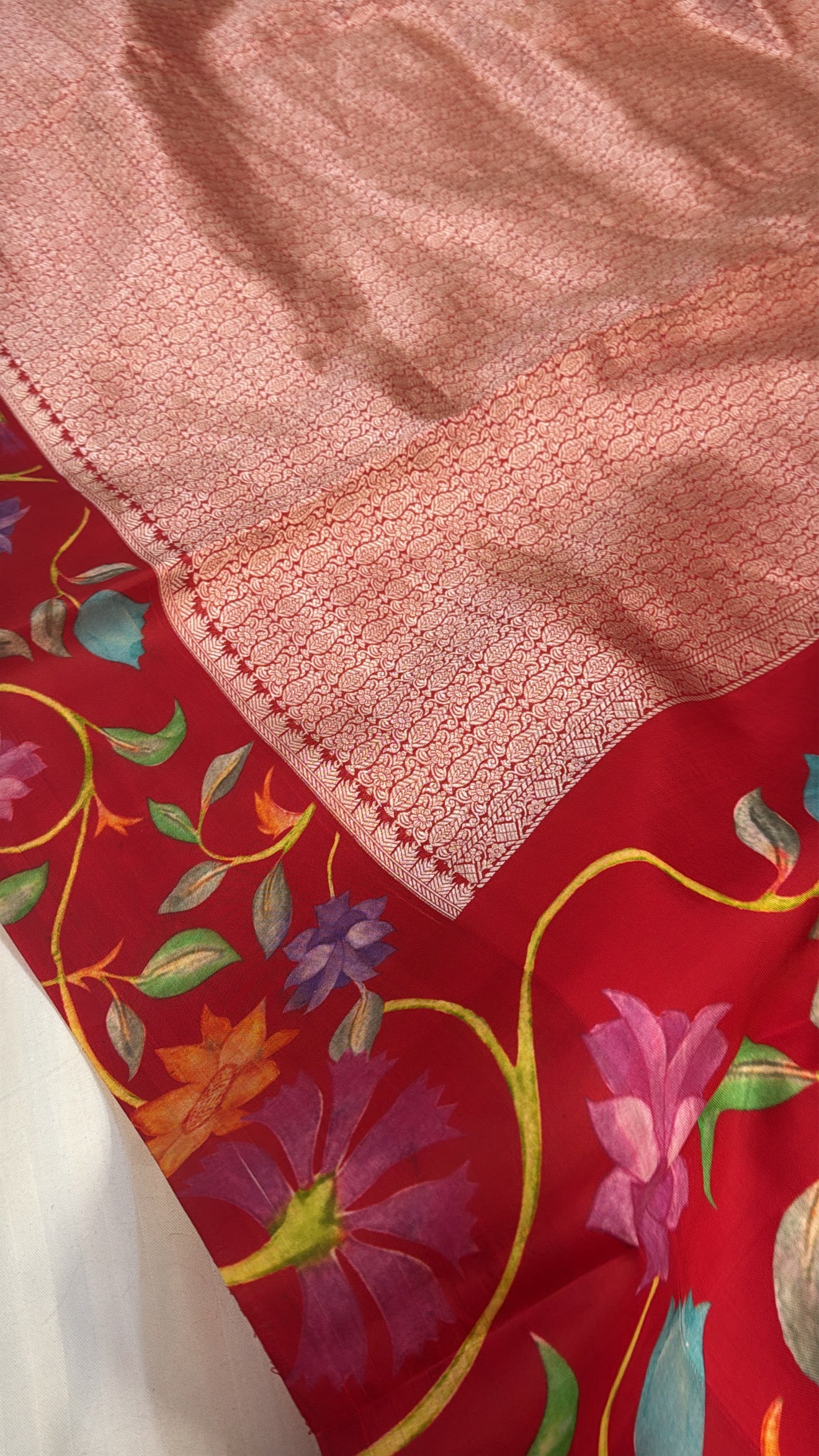 Bridal red banarasi brocade silk floral satin border kadhwa weaving saree