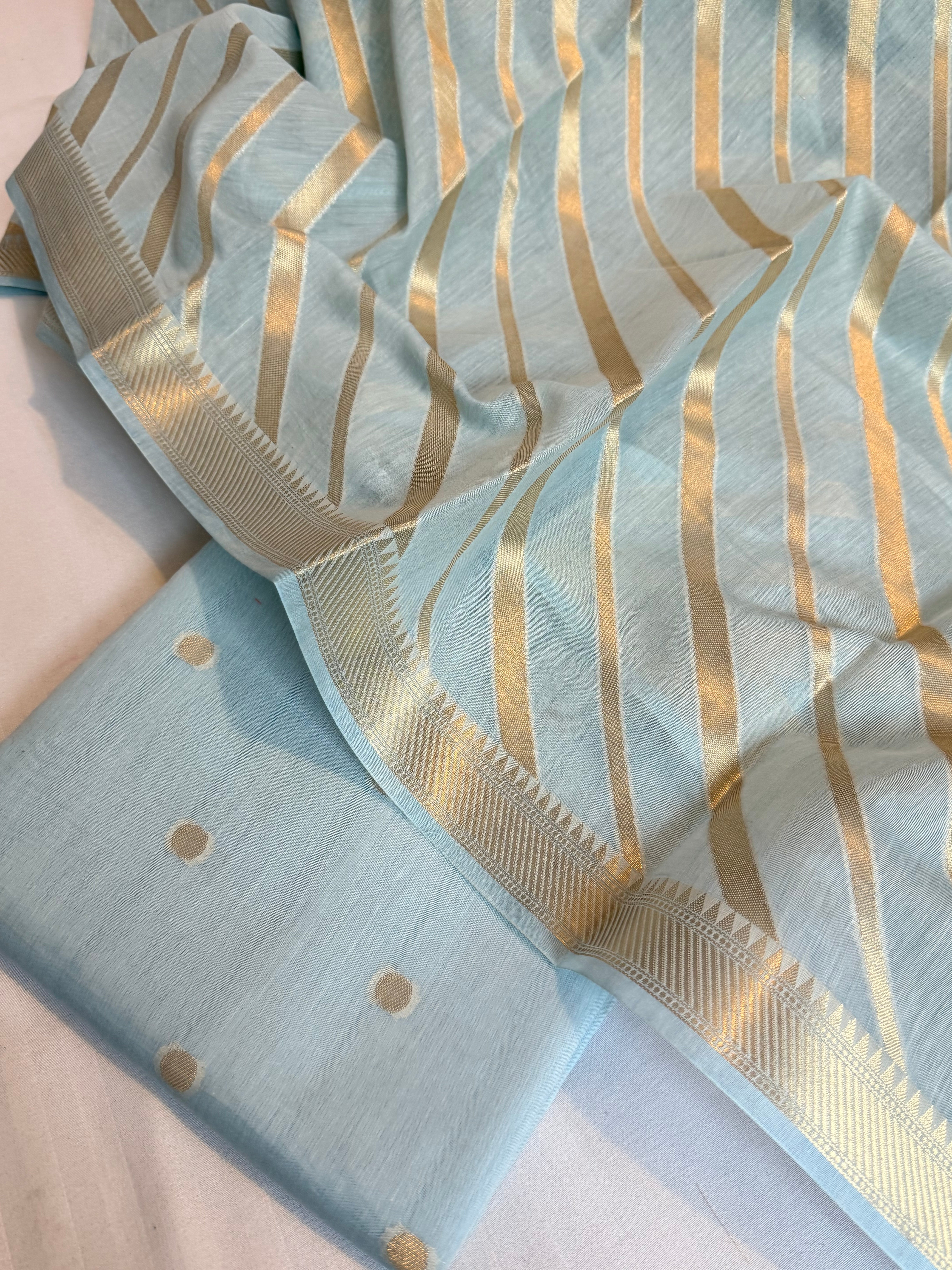 BELOW 8K - Blush blue zari cotton striped kadhwa buti banarasi suit set