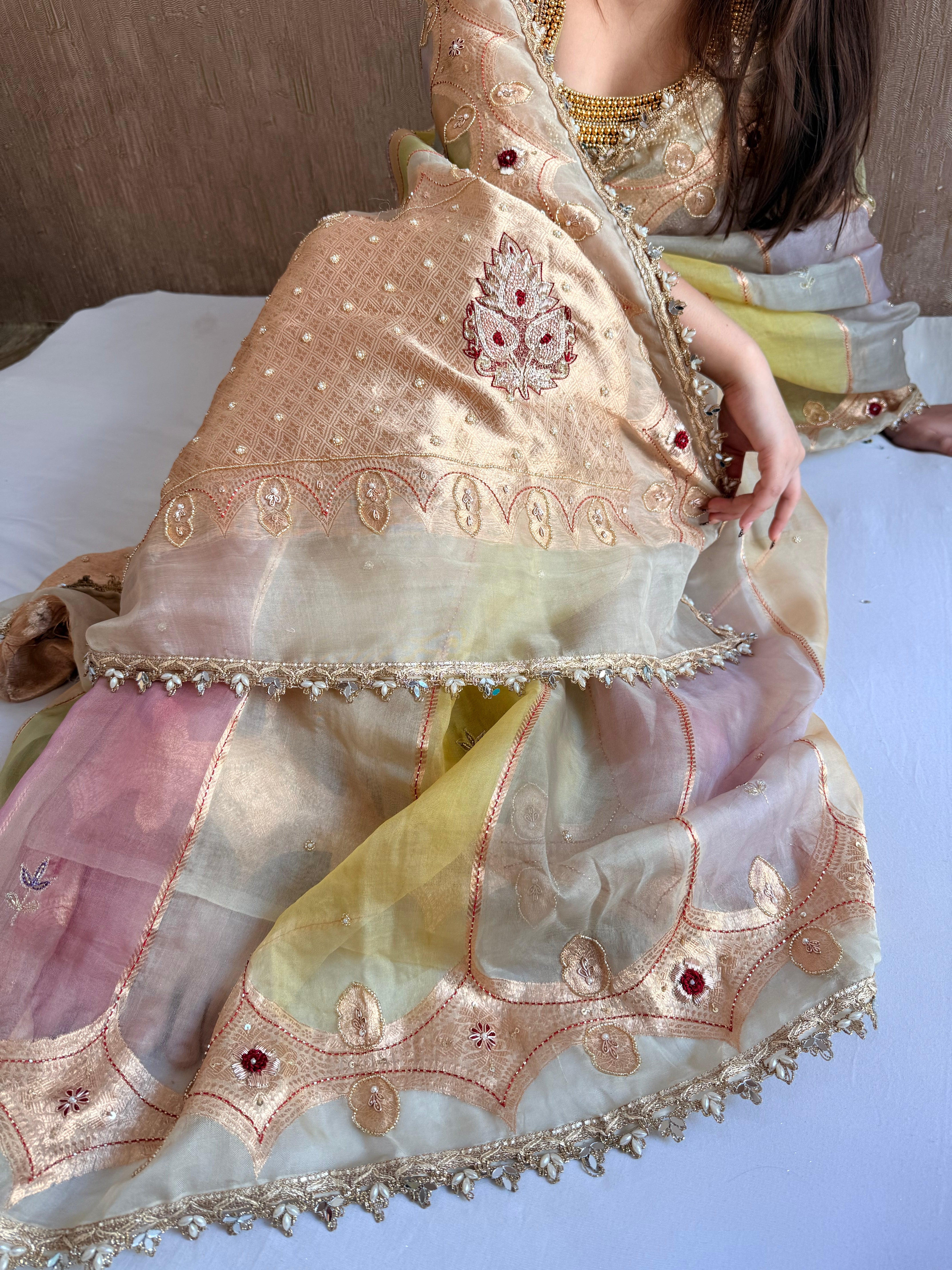 Rang birangi edit - Striped kora silk hand embroidered rangkaat saree