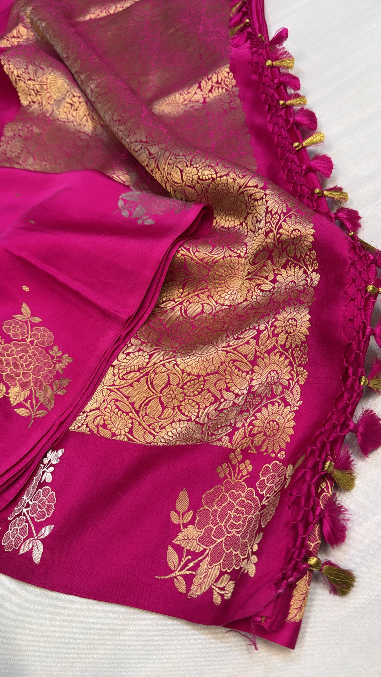 Mashru satin silk fuchsia pink banarasi saree