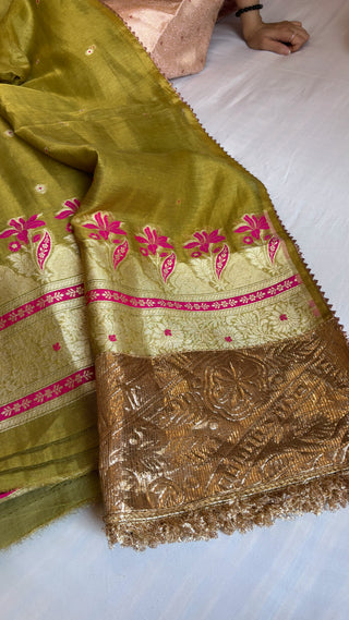 Mehendi green linen tissue silk suit set