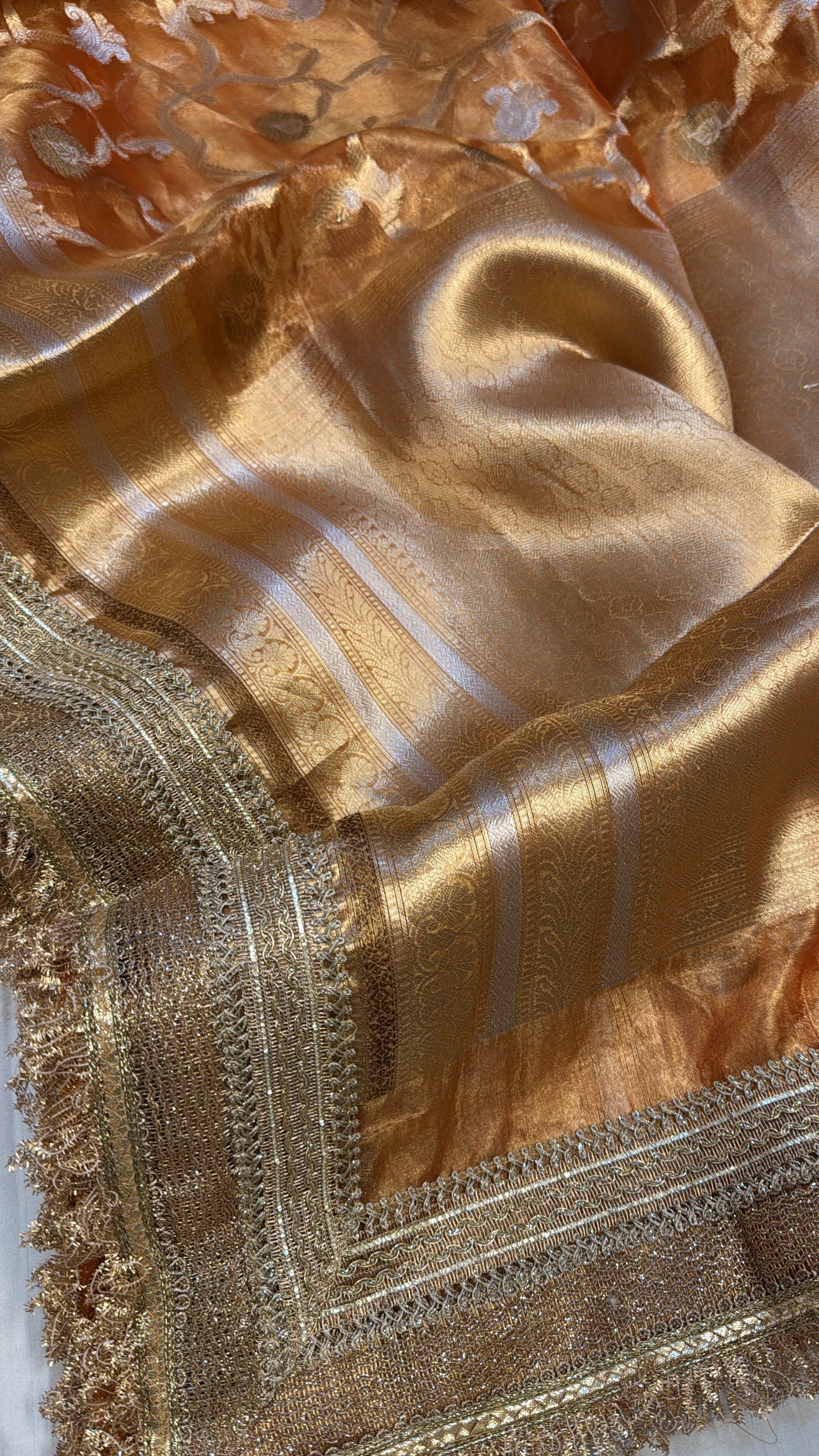 Fanta orange tissue silk kadhwa jungla meenakari tissue silk saree