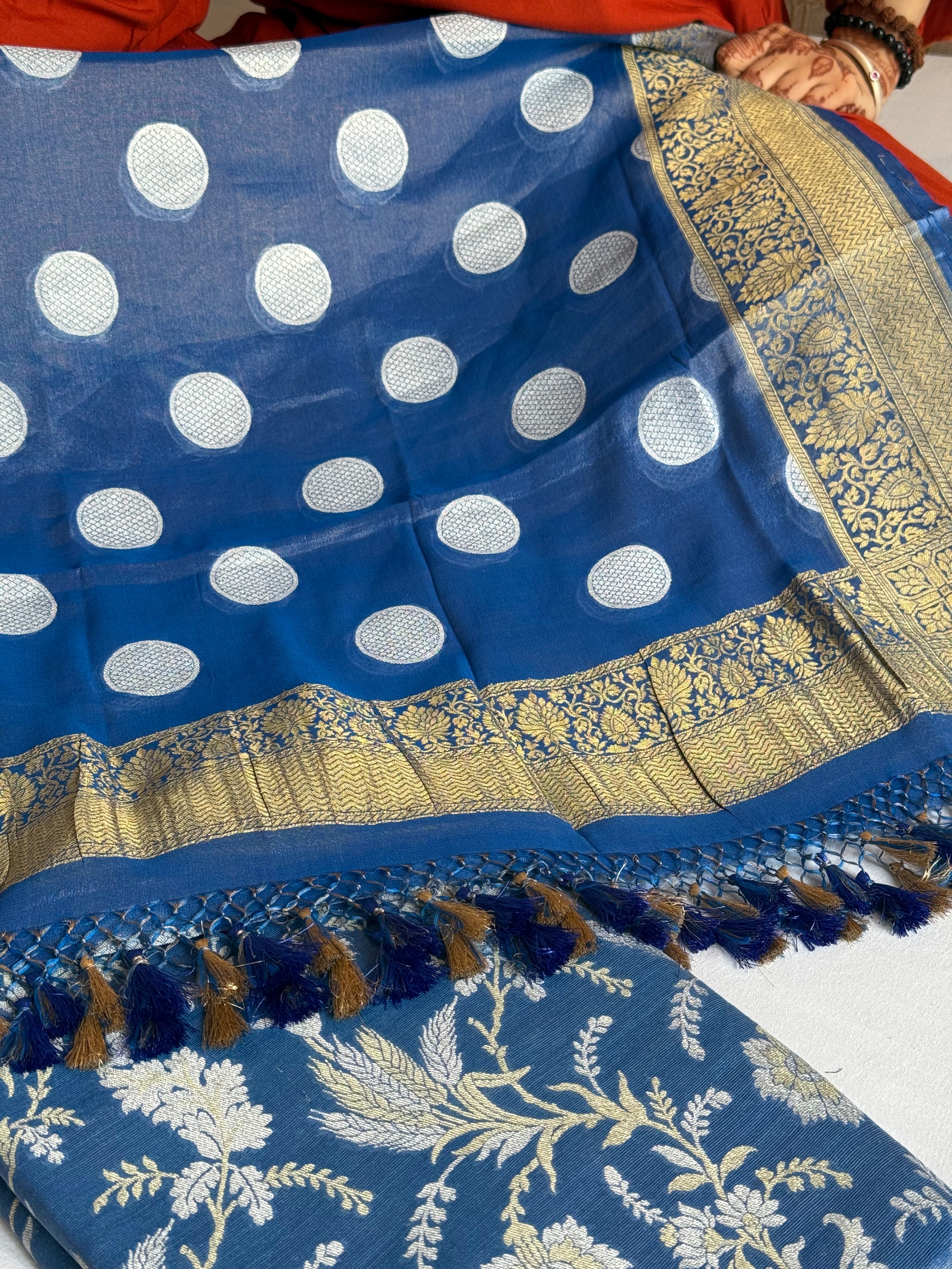 Electric blue tissue gorgette kadhwa jungla Sona Rupa banarasi suit set