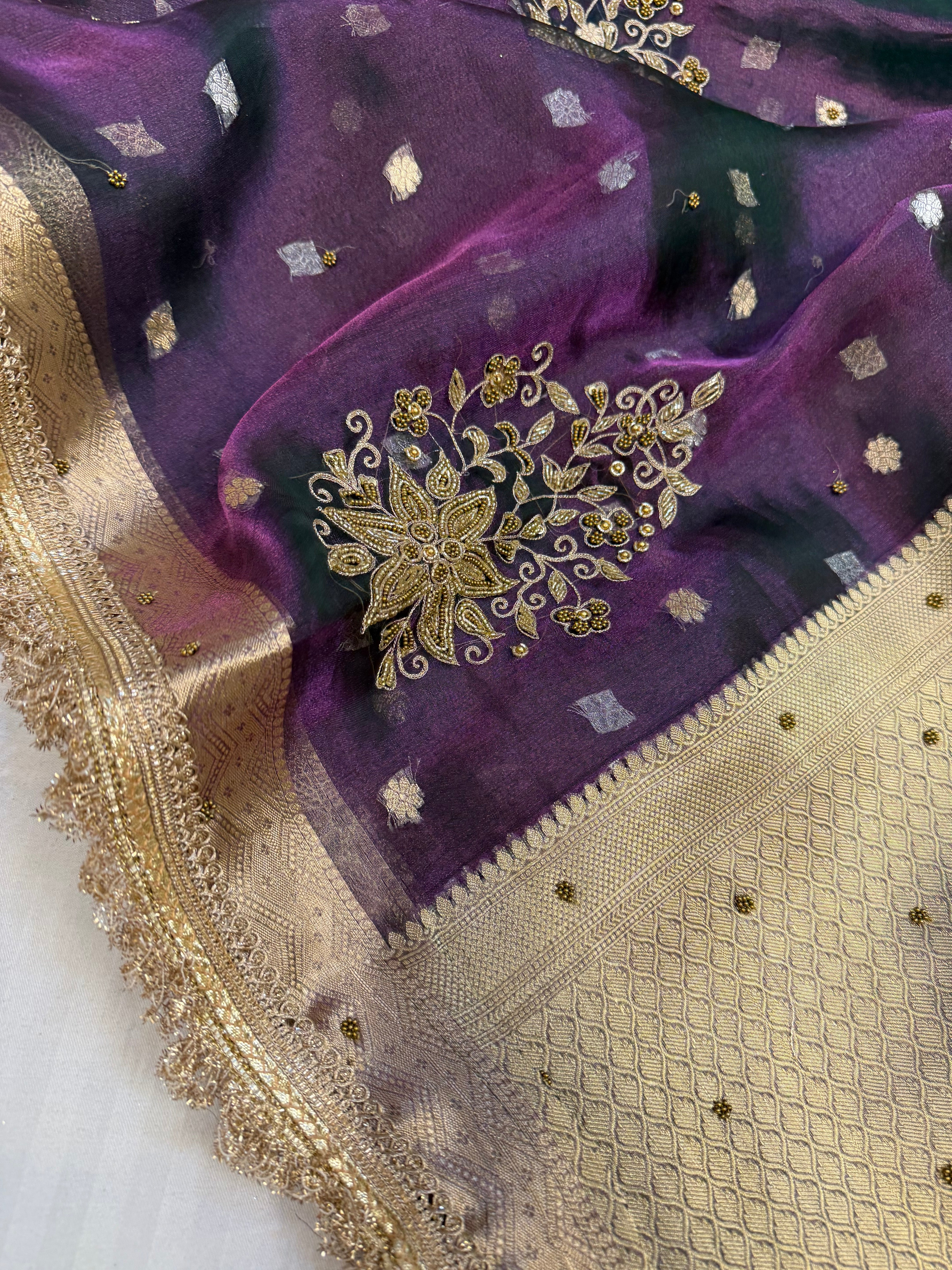 Cocktail edit sarees - brinjal purple tissue silk heavy hand embroidered saree