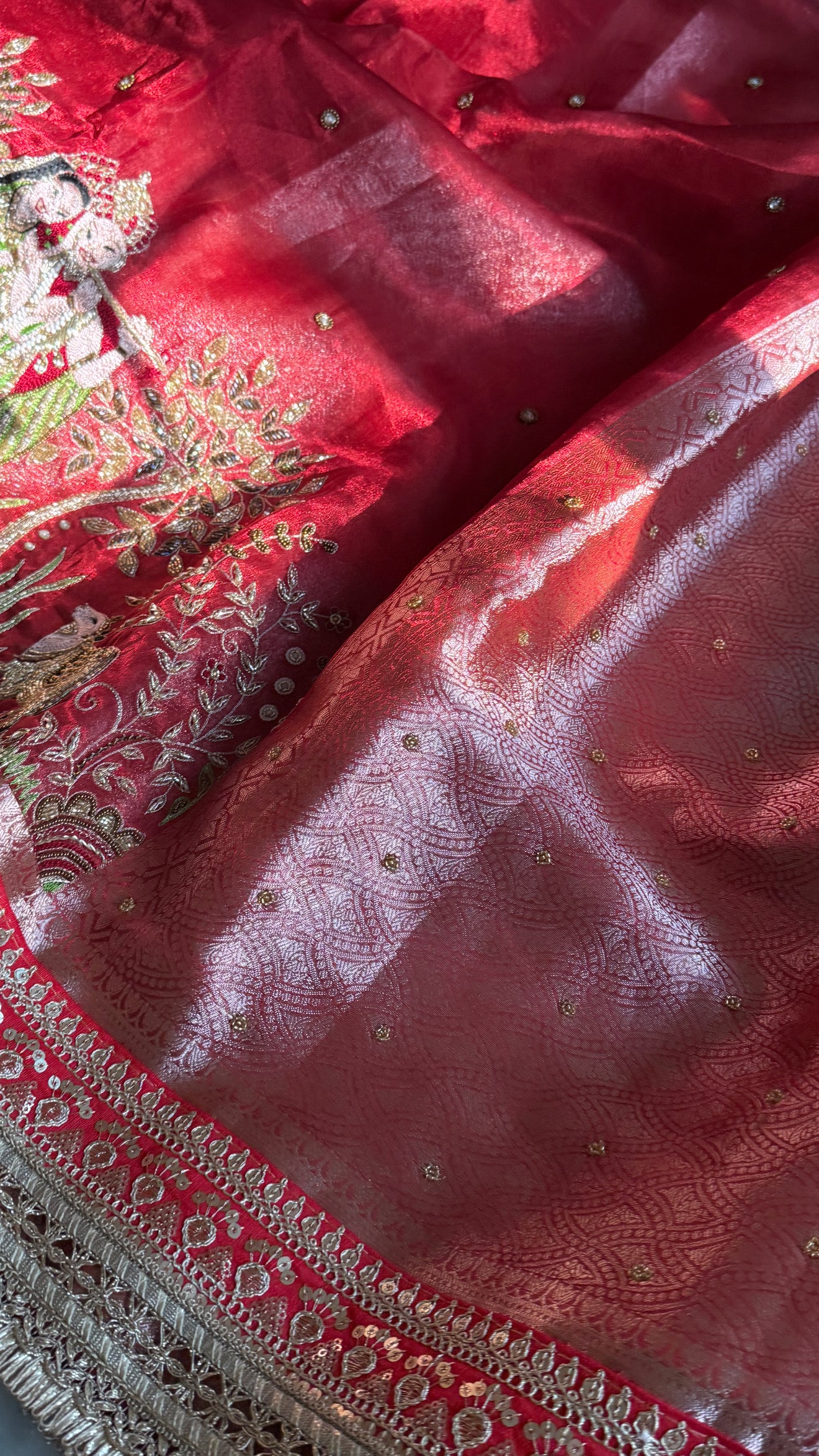 Teej special - Blood metallic red radha krishna hand embroidered kadhwa saree