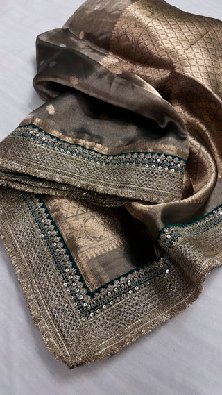 Maharani army green tissue silk kadhwa buti saree