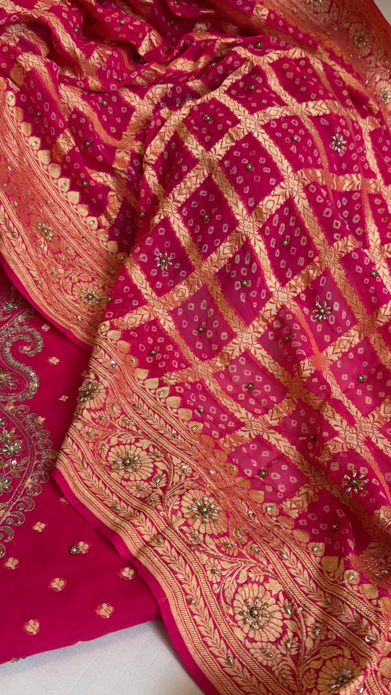 Hot fuschia pink rai bandhej Banarasi gorgette kadhwa hand embroidered suit set