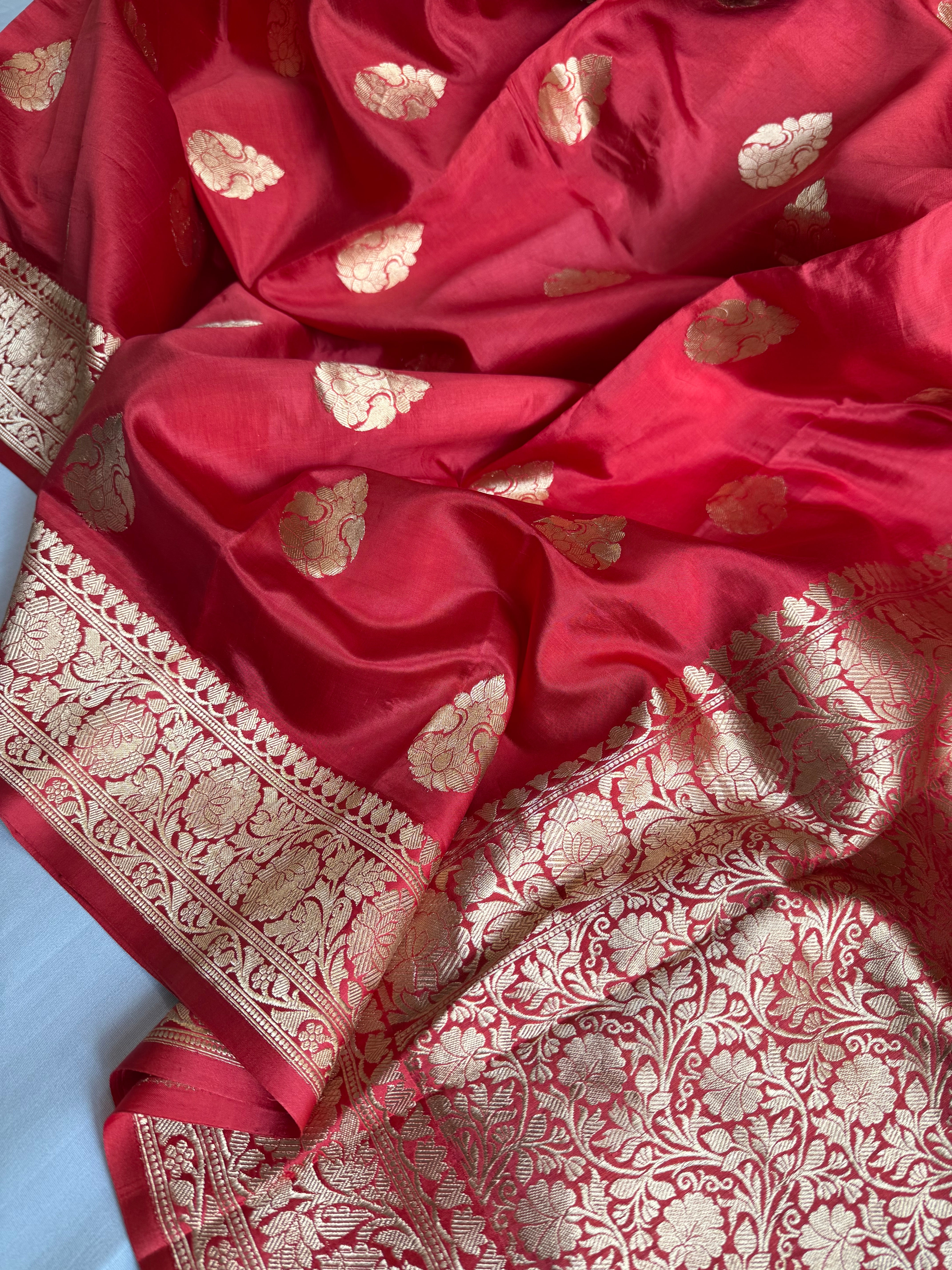 Tomato red pure banarasi chiniya silk kadhwa saree