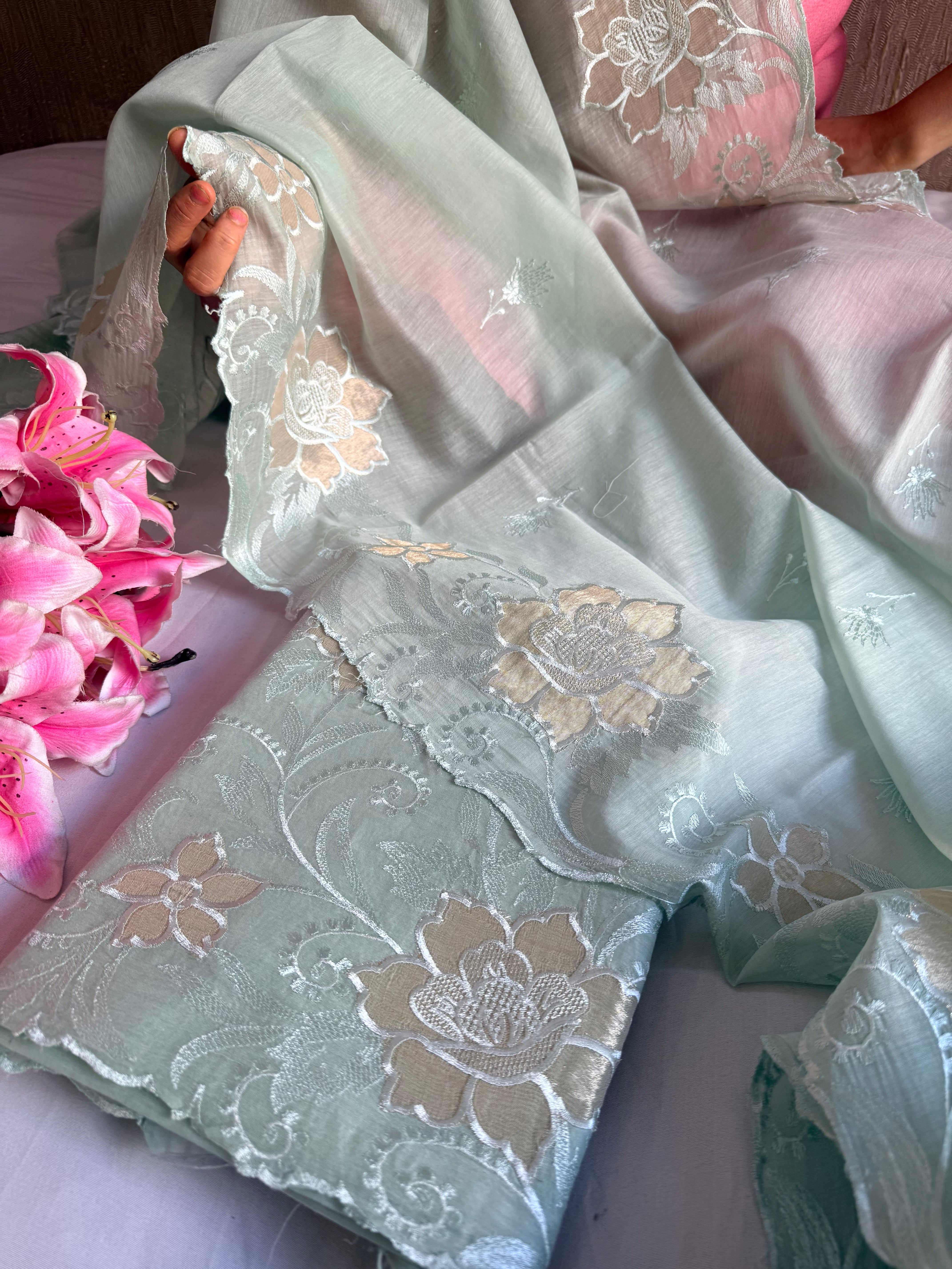 Summer suit edit - Blush green mul cotton appliqué tissue work suit sets